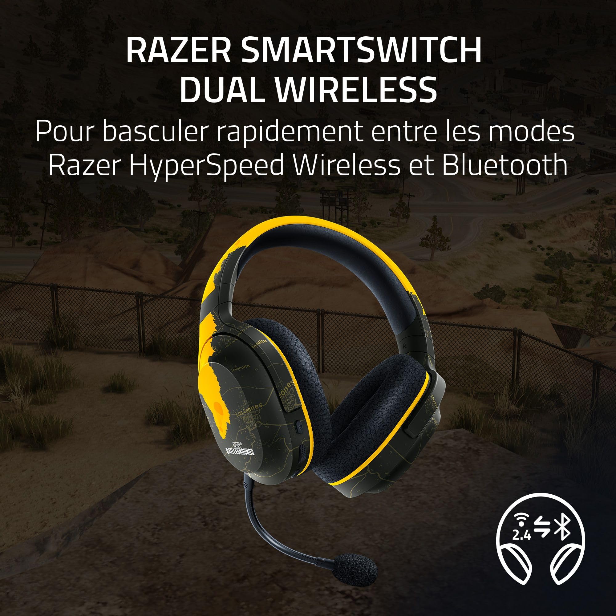 Razer Barracuda X - Casque Gaming sans Fil Multiplatepourme SmartSwitch Dual sans Fil (Ergonomique, Tripource 40mm, Microphone Cardioïde, Contrôles sur Casque, Batterie de 50h, USB-C) PUBG Ed