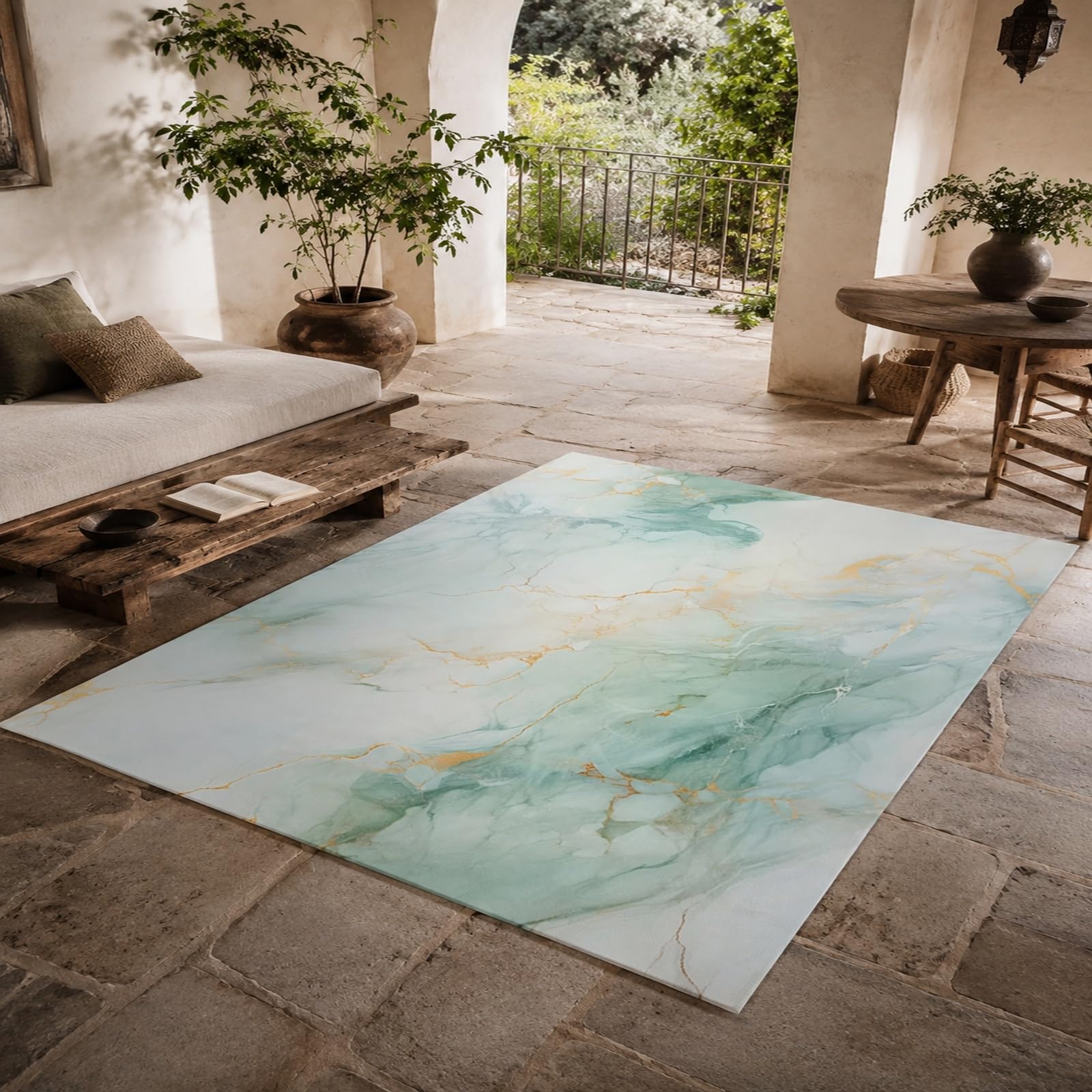 Tapis sous Chaises Salle à Manger, 140 x 180 cm, Abstrait Vert Blanc Jaune, Tapis Decoration pour Table Basse Salon, Meubles Cuisine, Facile à Nettoyer,