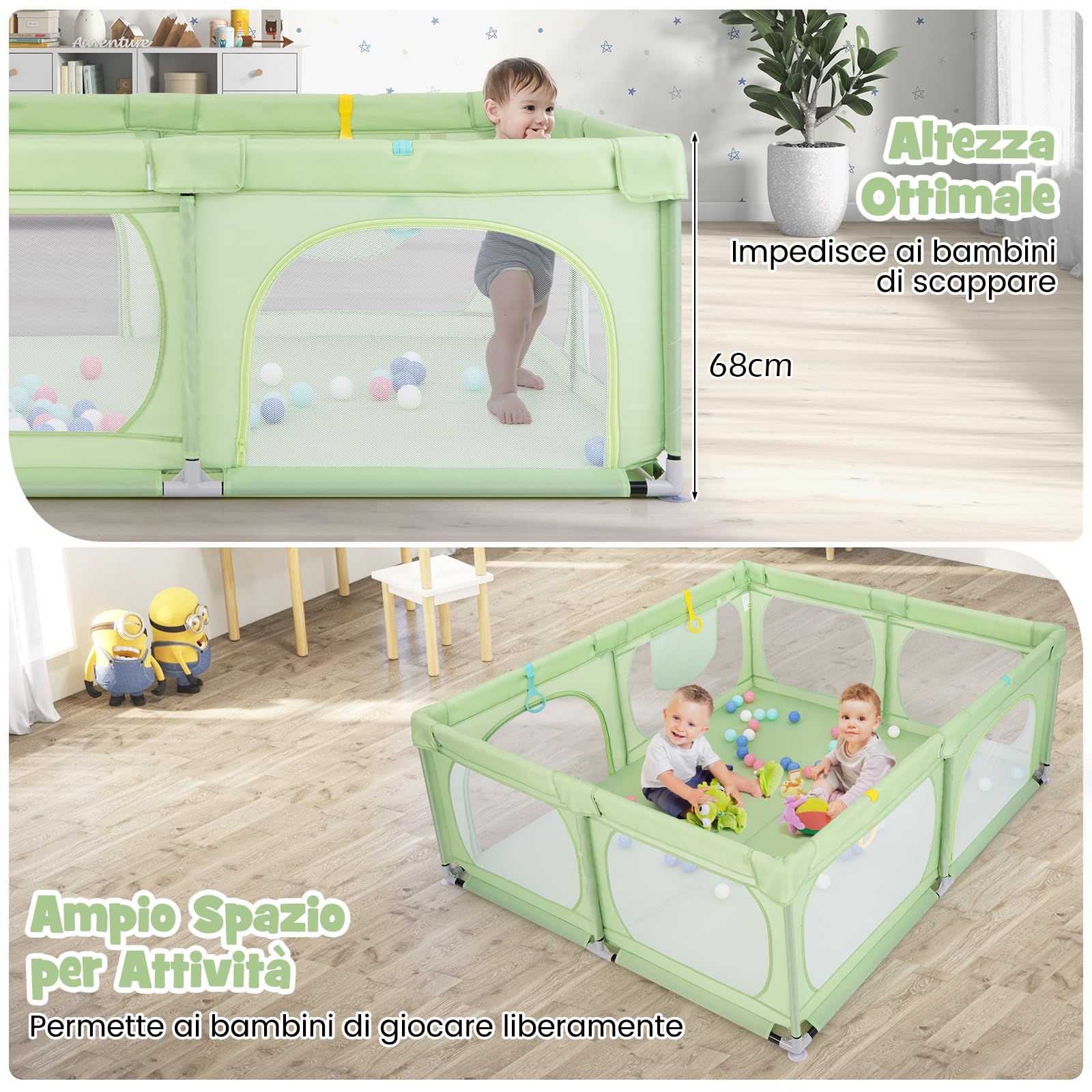 COSTWAY Recinto per Bambini, Box Pieghevole con Rete Traspirante, Centro Attività per Neonati con 50 Palline, Box Giochi per Bambini 0-3 Anni (Verde, 189 x 158 cm)