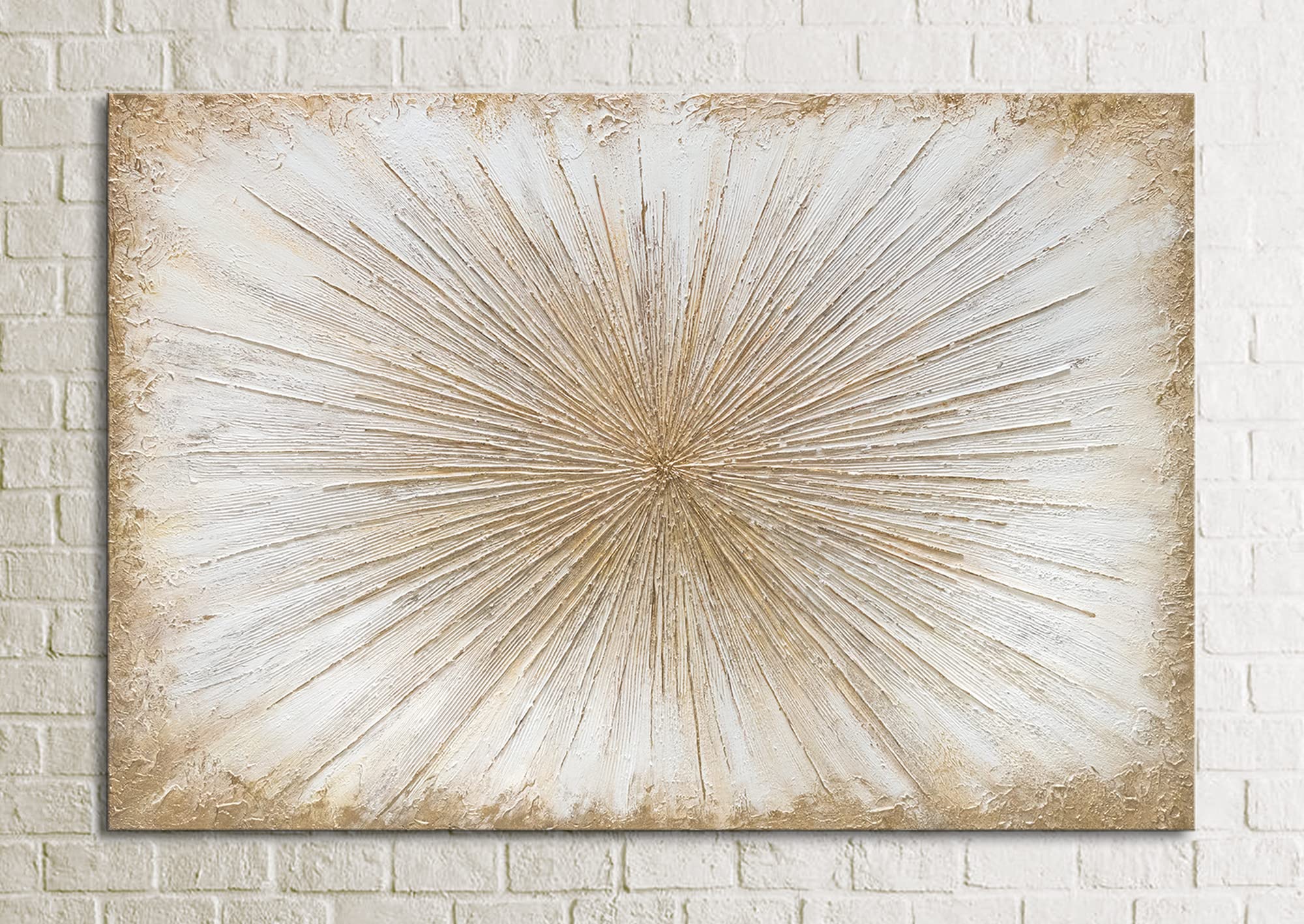 YS-Art Abstrakt Acryl Gemälde auf Leinwand Sonnenstrahlen handgemalt Wandbilder Wohnzimmer modern Wohndekor Design Bild Sonne Gold echte Kunst 120x80 cm