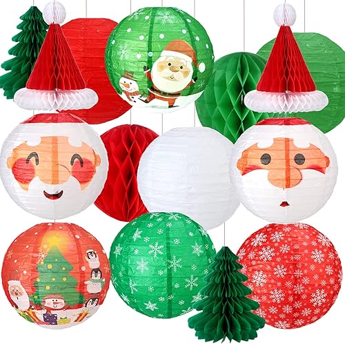 Juego de 17 linternas de papel colgantes de Navidad 3D para Papá Noel, linterna de papel, sombrero de Papá Noel, árboles de Navidad, bolas de panal
