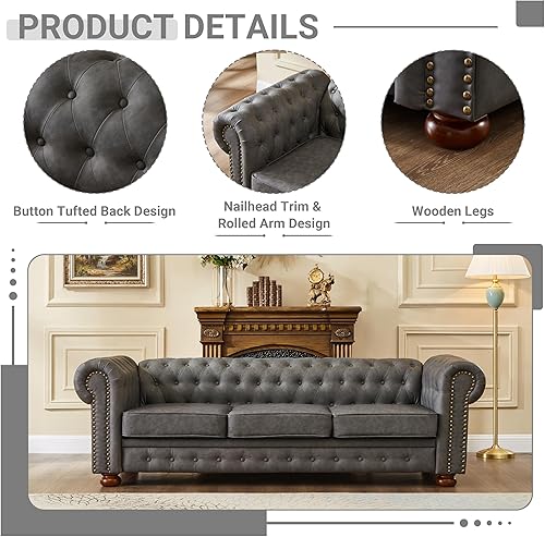 Miniatura 4 de Chesterfield - Sofá de cuero, sofá moderno de mediados de siglo de 89 pulgadas con respaldo bajo, brazo enrollable, ribete de cabeza de clavo, sofá