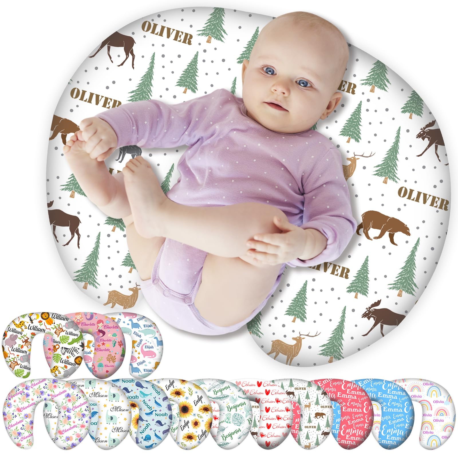 Personalised Nursing Pillow Cover Custom Baby Pillow Case with Name for Girl Boy Newborn Breastfeeding Pillow White-deer & bear