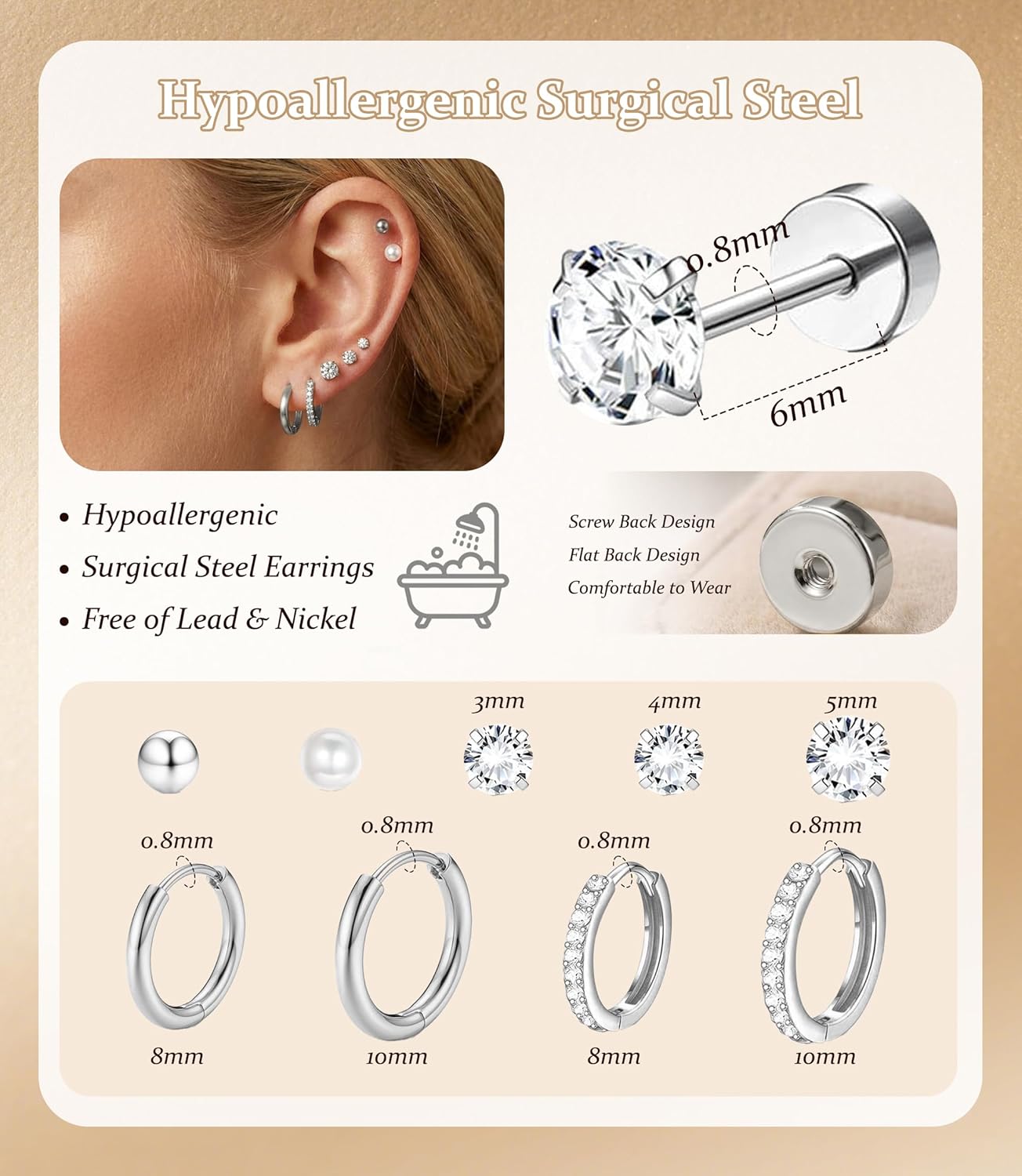 Incaton Hypoallergenic Flat Back Earrings Cartilage Earring Stacks Surgical Stainless Steel Earrings for Sensitive Ears Small Flatback Stud Hoop Earring Sets for Helix Tragus Multiple Piercing Jewelry - Image 3