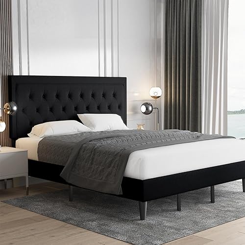 Miniatura 60 de Allewie - Base de cama copetuda, tamaño Matrimonial, con plataforma, tapizado de tela, con botones y cabecera ajustable, soporte con rejilla de Gris