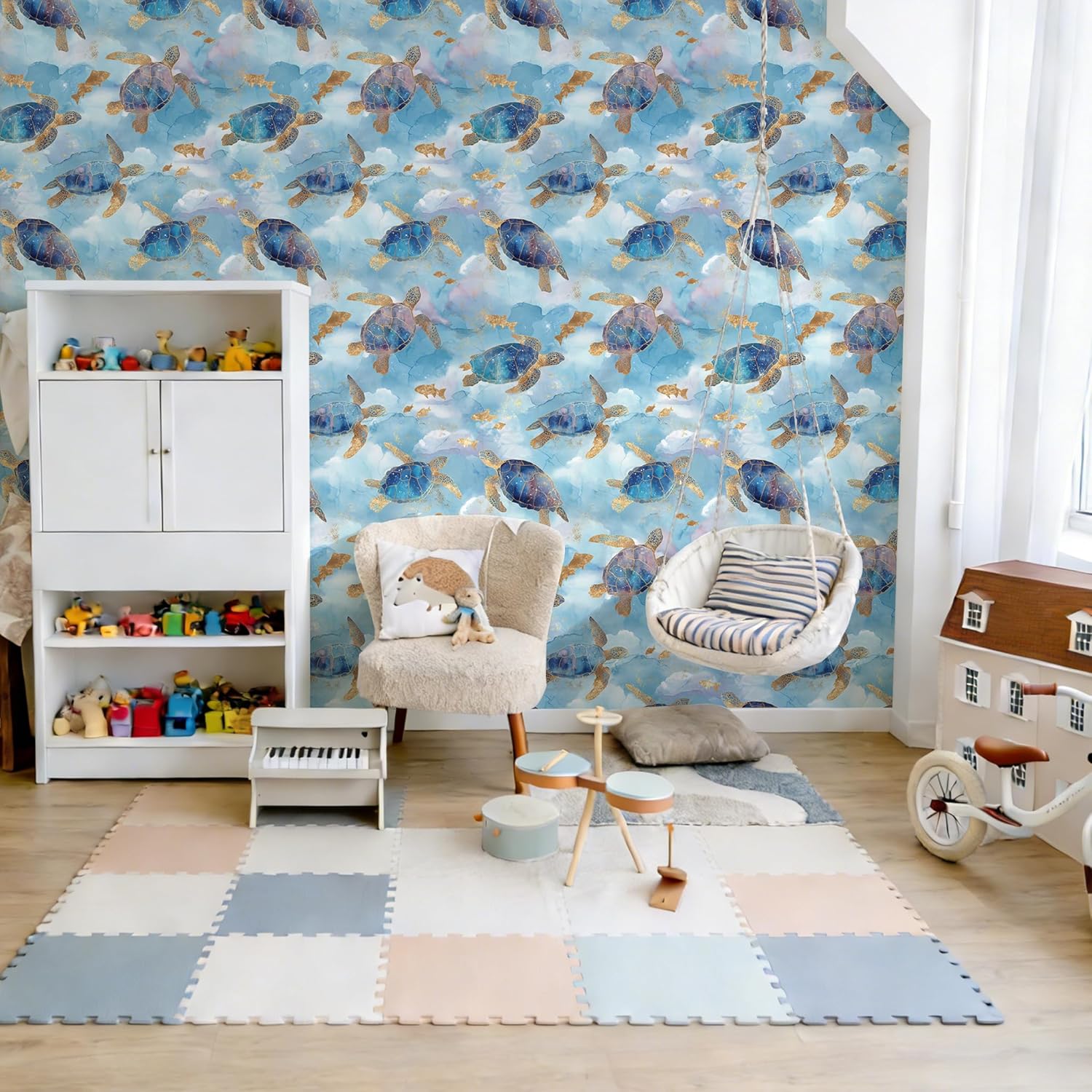 Removable Wallpaper for Kids Room, Light Blue Ocean with Turtle Pattern, Non-Toxic Peel and Stick Mural for Nursery & Playroom, 17.7x118 Inch