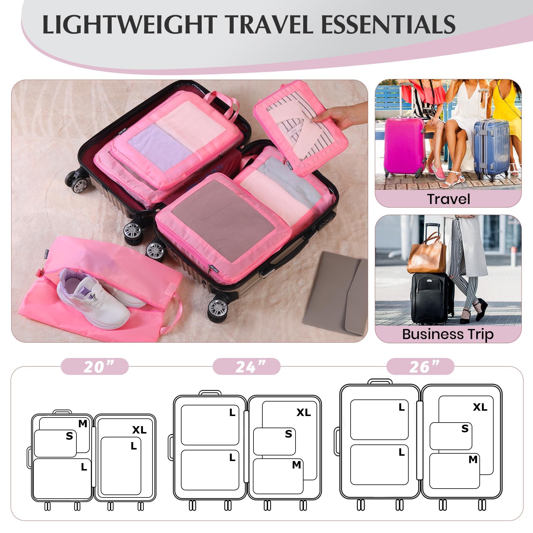 Ultraleichte Kompressions-Verpackungswürfel für Koffer, Handgepäck, komprimierbare Netz-Verpackungswürfel für Reisen, Damen, Reiseutensilien, mit Schuhbeutel, 6er-Set, Rosa