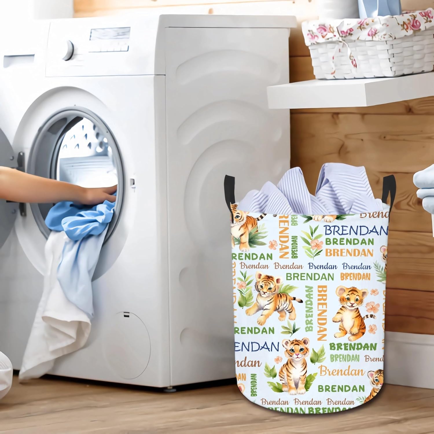 Personalized Tiger Laundry Basket,Custom Name Laundry Hamper,Baby Nursery Hamper Bin,Collapsible Clothes Storage Basket for Bathroom Living Room Bedroom,13.8"x16.5"