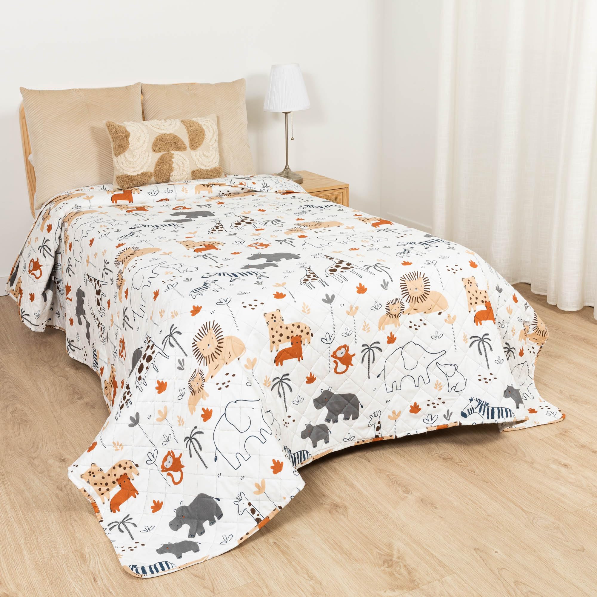 TRAMAS+ Children's Summer and Spring Quilted Microfibre Printed Bedspread 200 x 270 cm Fun Design for Bed 105 cm – Fauna