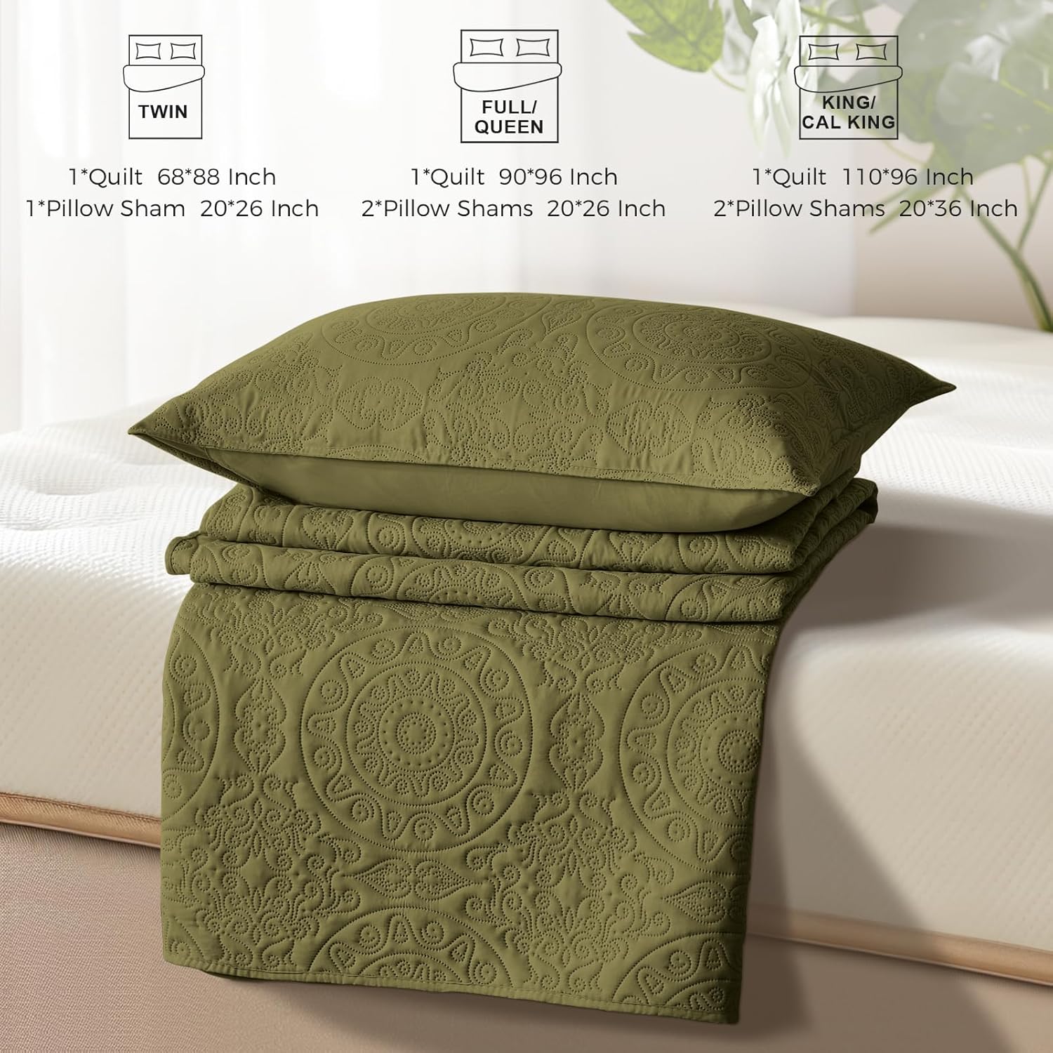 WURUIBO Olive Green Quilt Set Queen Size, Embossing Microfiber Full Bedspreads with Pillow Sham, Ligthweight Breathable Thin Coverlet, Reversible Bedding Set for All Season (1 Quilt, 2 Pillow Shams) - Image 7
