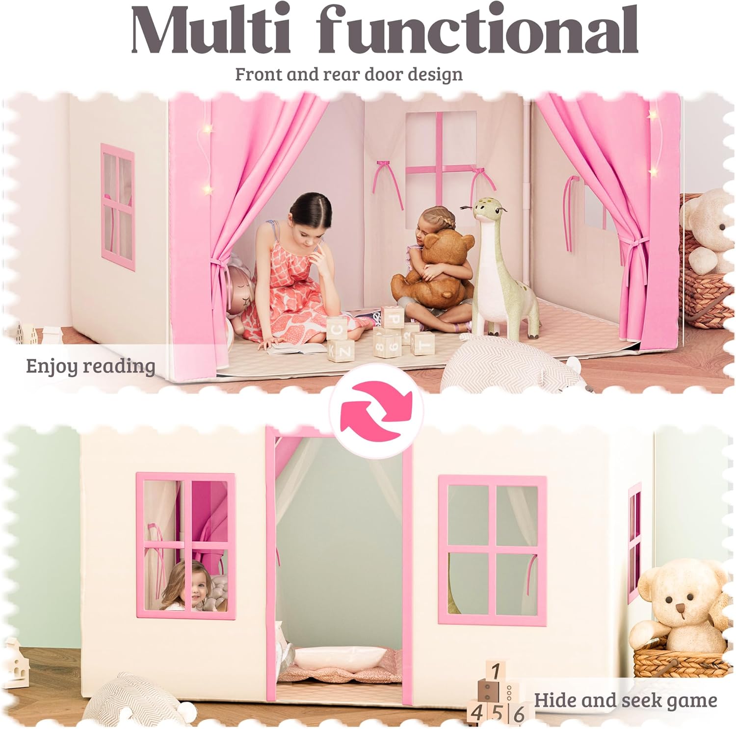 Kids Tent,Indoor & Outdoor Kid Playhouse 2 in 1 with Lights and Mat,54" x36.5" x 51" Large Play Tents with 2 Doors & 5 Windows,Pink