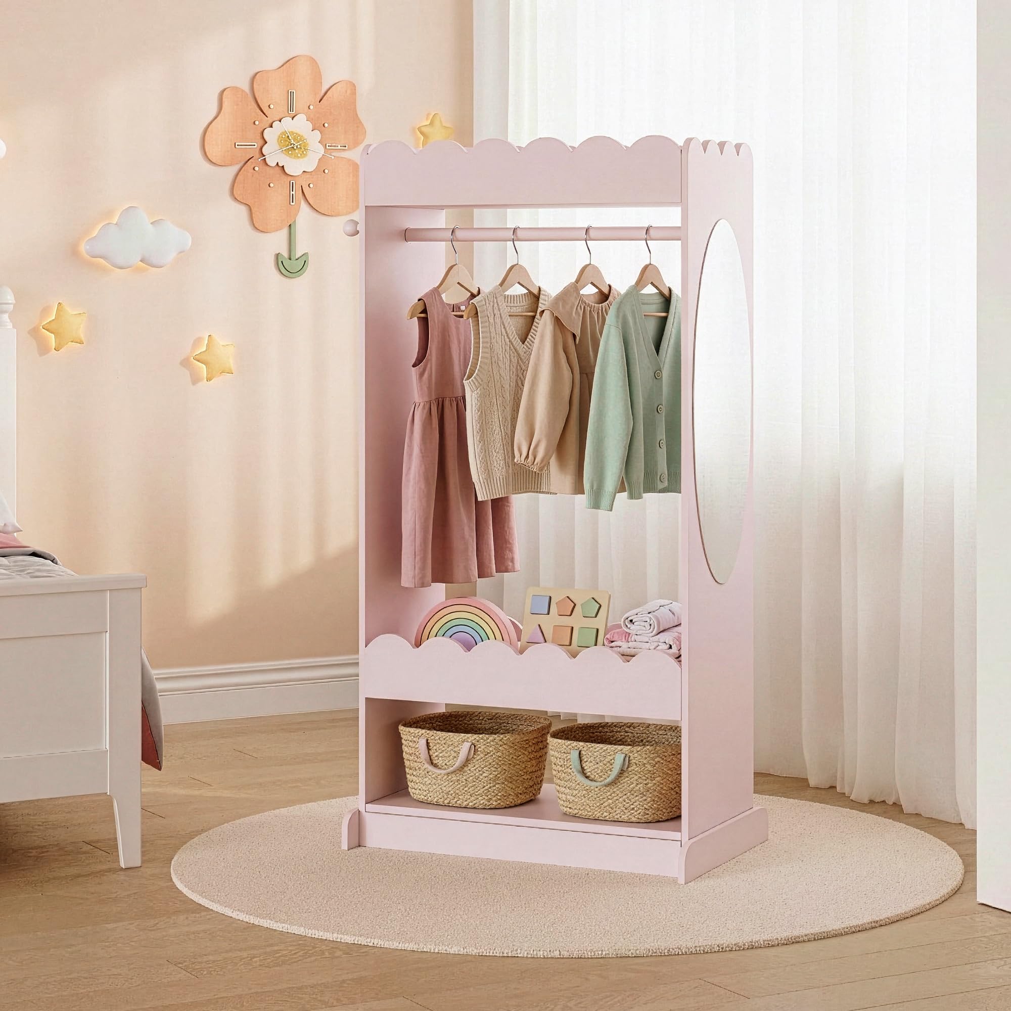 [en.casa] Kindergarderobe stehend Vestnes Kinder Kleiderschrank mit Spiegel und Kleiderstange 120 x 63 x 38 cm Kleiderständer mit 3 Haken Wellendesign Cotton Candy
