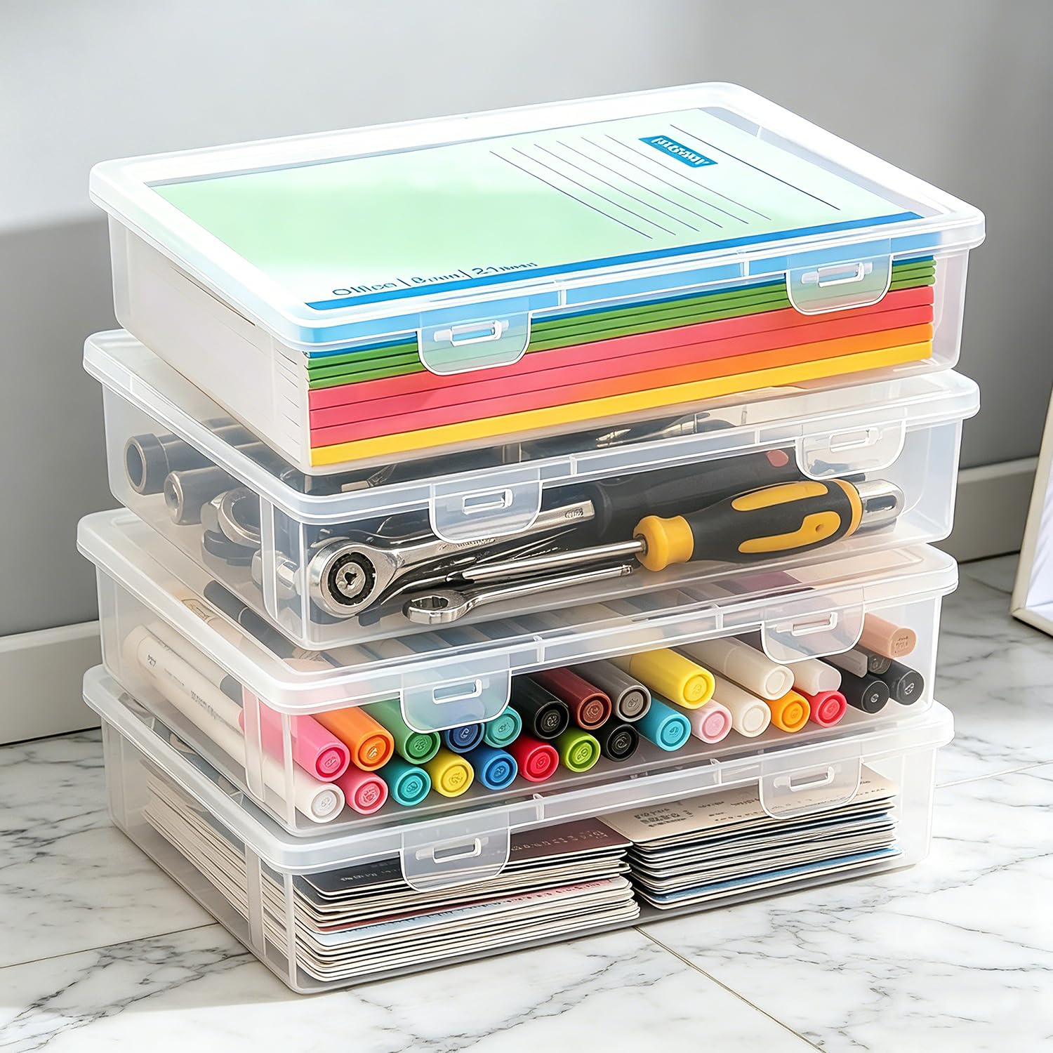 ENUTROF Pudełka na pliki przezroczyste 32 x 22,5 x 5 cm 4szt. Prostokątne pudełka plastikowe z klapką do przechowywania książek, papieru do scrapbookingu, czasopism