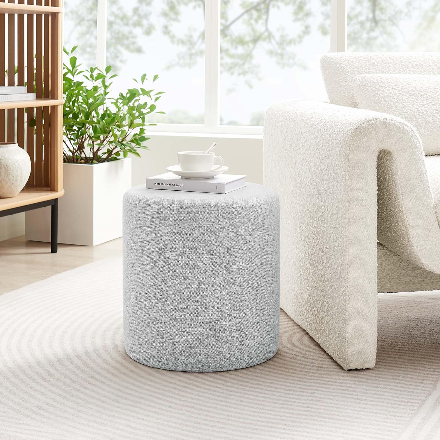 Modway Callum 16 Inch Round Ottoman in Heathered Weave Light Gray - Woven Heathered Fabric - Upholstered Ottoman for Living Room - Ottoman Side Table, Vanity Seat, Accent Table or Footrest Ottoman