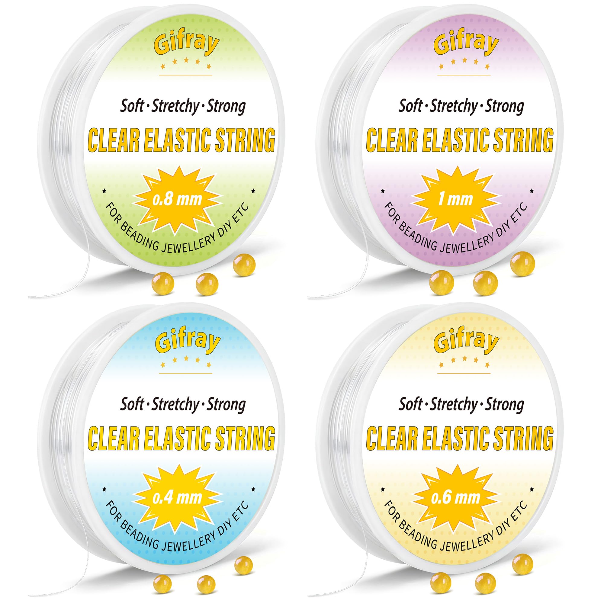 Gifray 4-in-1 Clear Elastic Bracelet String Kit, 0.4/0.6/0.8/1.0mm Strong & Stretchy Beading Thread, Easy to Knot, Invisible TPU Cord for Jewellery, Necklaces, DIY Crafts – Birthday Gift for Girls