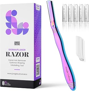 Jungle Culture Dermaplaning Tool – Facial Razor for Women with 5 Refill Blades – Reusable Eyebrow Shaper & Exfoliator – Rainbow