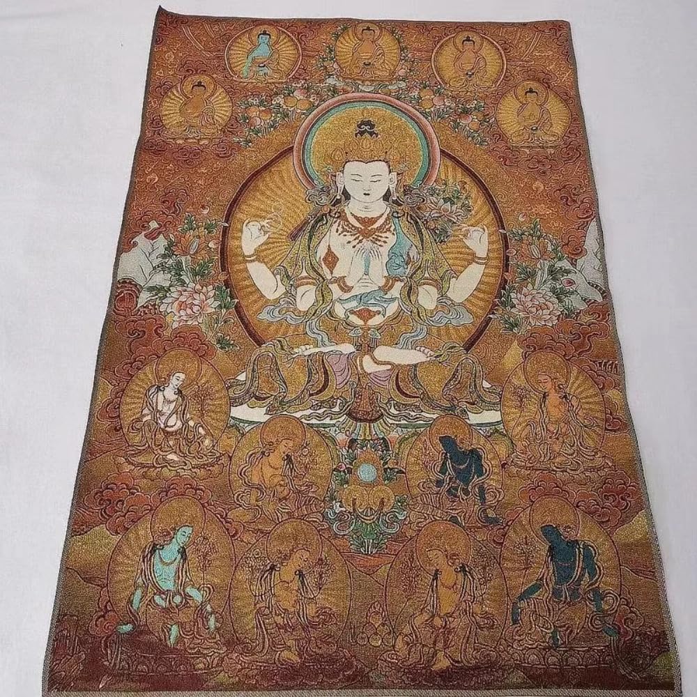 EPASHA Arte murale Buddista, Thang-ga, Pittura in Broccato Ricamato Thangka da 60 cm Guanyin Bodhisattva a Quattro Bracci, Decorazione Domestica squisita