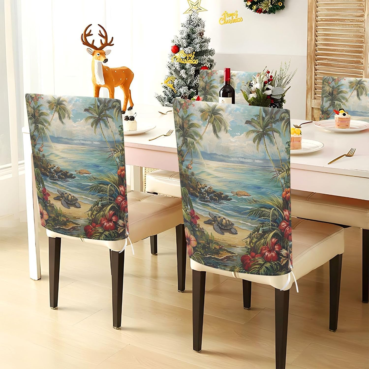 ALAZA Hawaian Palm Trees Flowers Turtles Chair Back Cover Set of 6, Washable Reusable Removable Chair Slipcovers Decorative Chair Cover for Home Kitchen Wedding Party