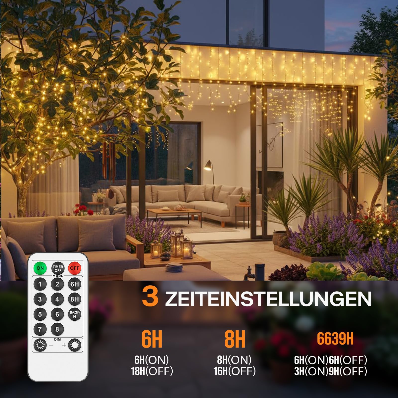 LED Lichterkette Außen 25m mit 200 Warmweißen LEDs, Strombetriebene Lichterkette für Innen & Außen, IP44 Spritzwassergeschützt mit Fernbedienung und Timer, 8 Leuchtmodi für Balkon Deko, Gartendeko