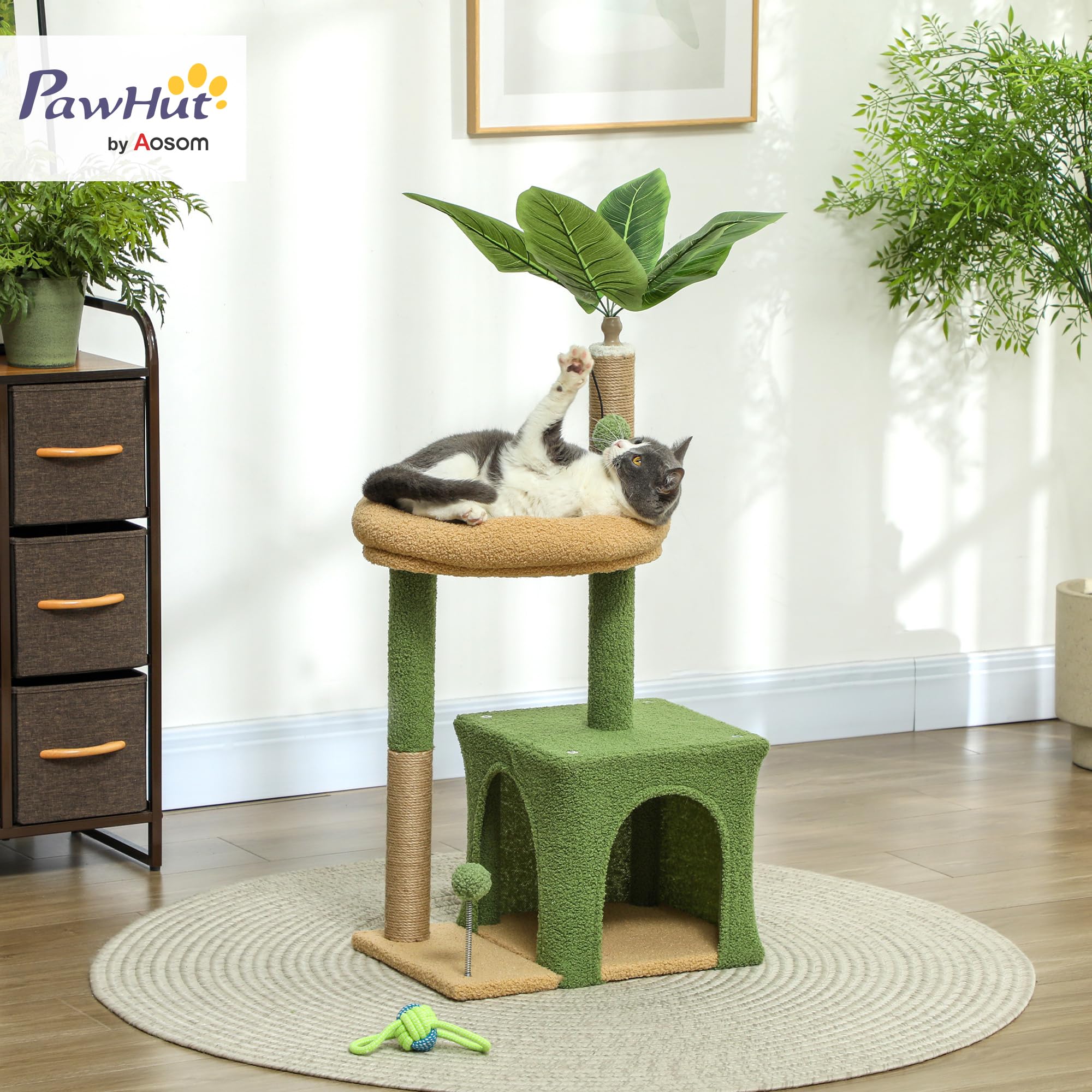PawHut Albero Tiragraffi per Gatti con Foglia di Palma, Casetta, Lettino e 2 Palline, Torre per Gatti in Legno e Poliestere, 44x30x98 cm, Verde e Marrone