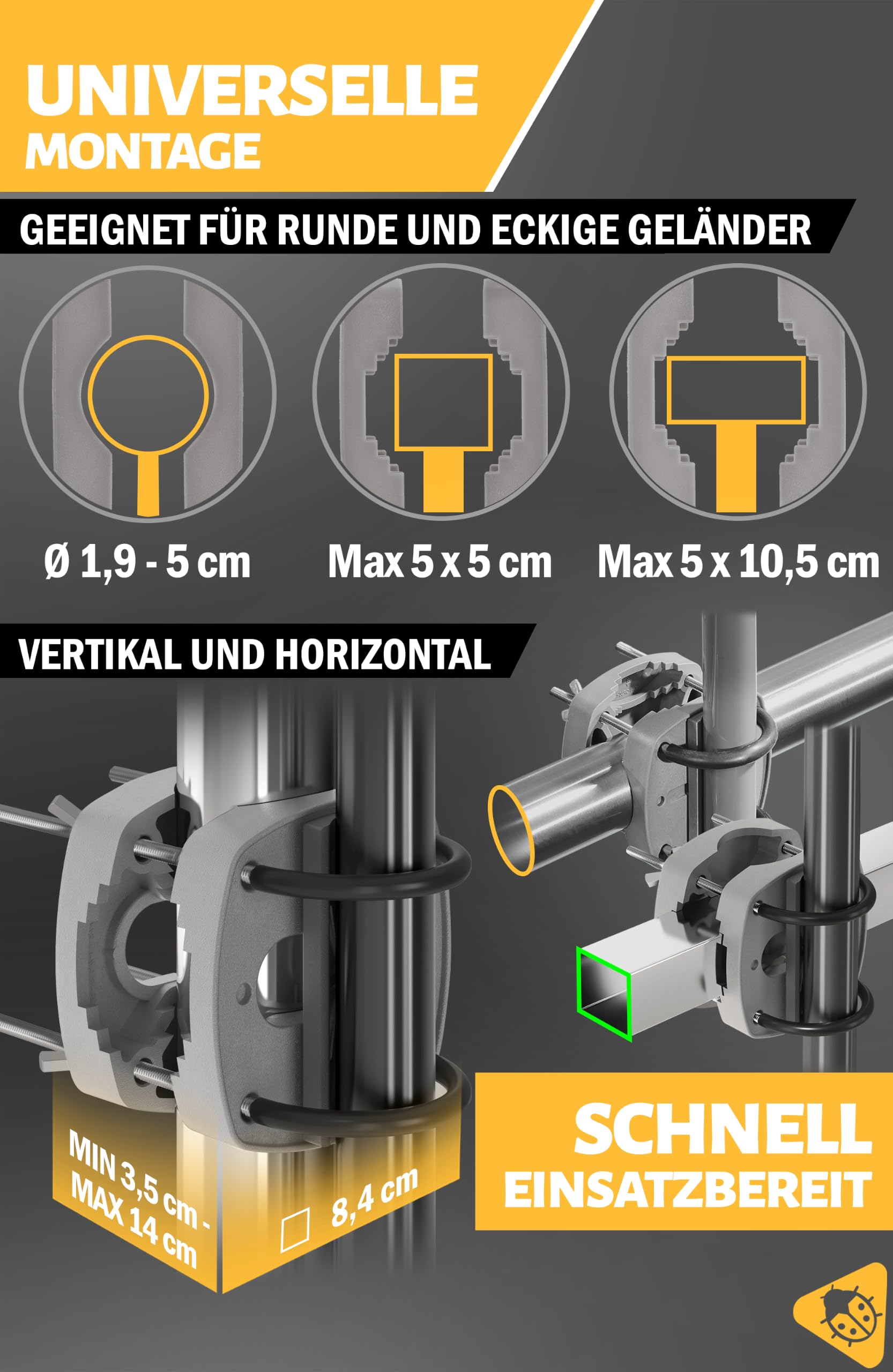 Menz Sonnenschirm Balkon 4-teiliges Komplettset, UPF 50+ Sonnenschirm rechteckig 200 x 125 cm + 2 Stück Sonnenschirmhalter Balkongeländer + Sonnenschirmhülle, Sonnenschutz Balkon