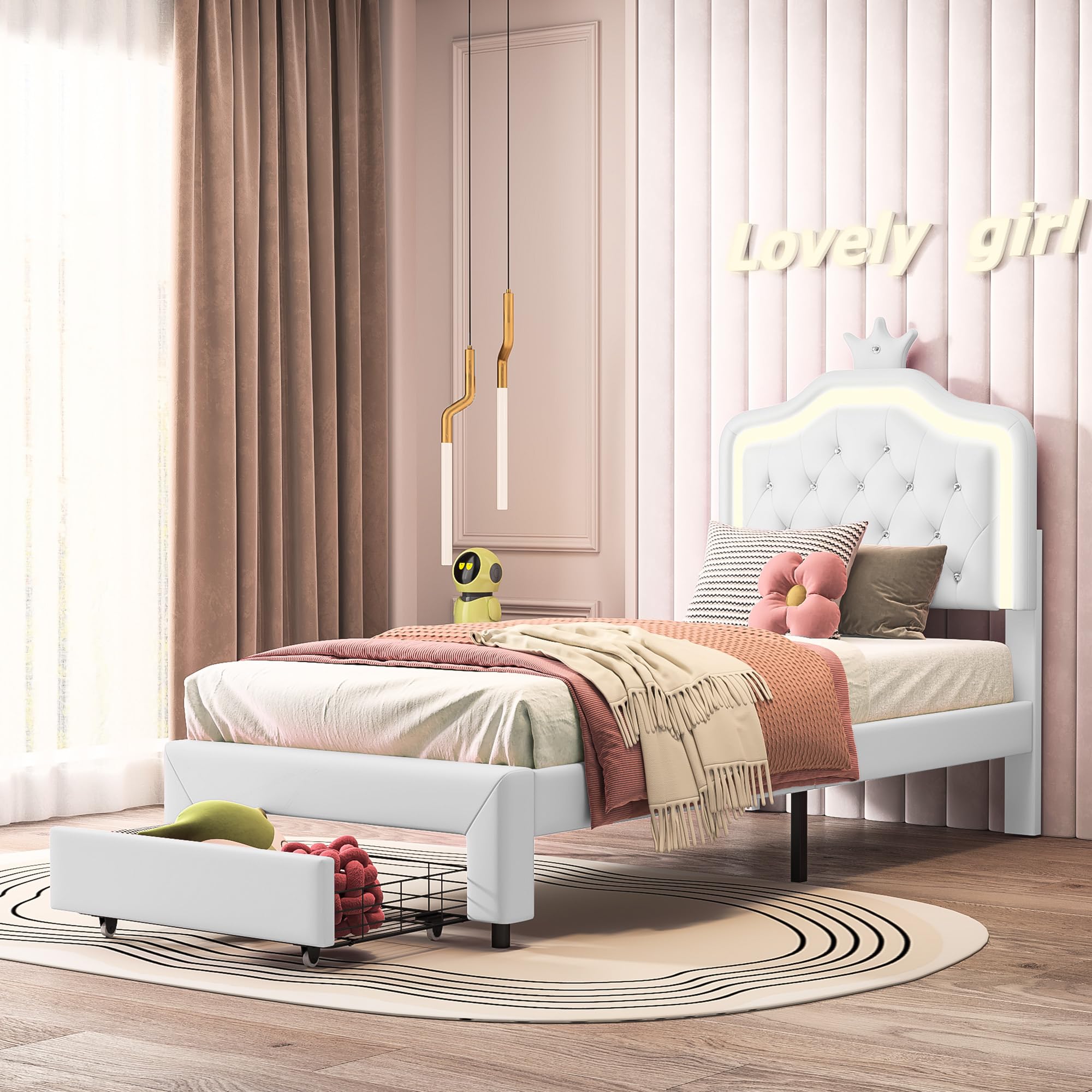 Lit Princesse Enfant 90x200 cm avec Tiroirs de Rangement, Tête de Lit Capitonnée avec LED et Décor Couronne, Revêtement en Similicuir Blanc – Design Féérique pour Fille (Blanc, 90x200 cm)