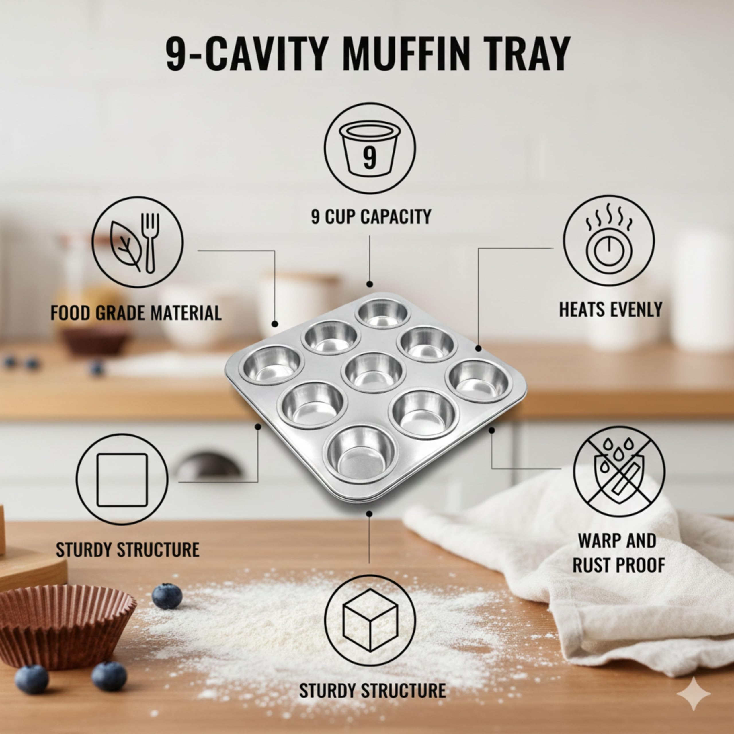 9 Cup Aluminum Muffin Tray for Oven Baking | Rust‑Free Cupcake Mould for OTG, Convection & Microwave (Convection Mode) | Durable Aluminium Muffin Pan for Cupcakes, Egg Bites, Tarts & Snacks 3