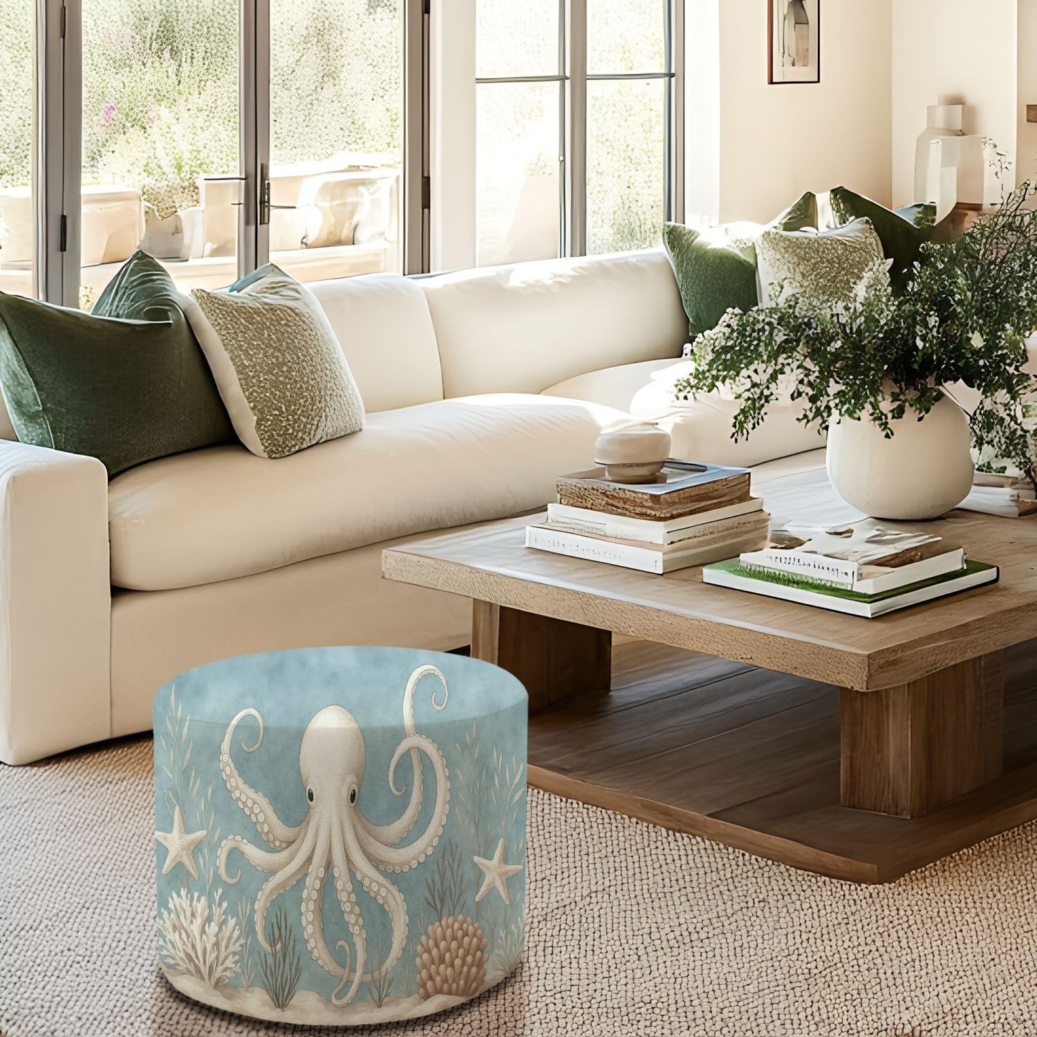 Round Pouf Ottoman Beach Decor Ocean Sea Turtle Octopus Coastal Teal Vintage Whale Foot Stool Foot Rest Floor Stool Bean Bag Chair Cotton Linen Removable Indoor Outdoor for Living Room Bedroom