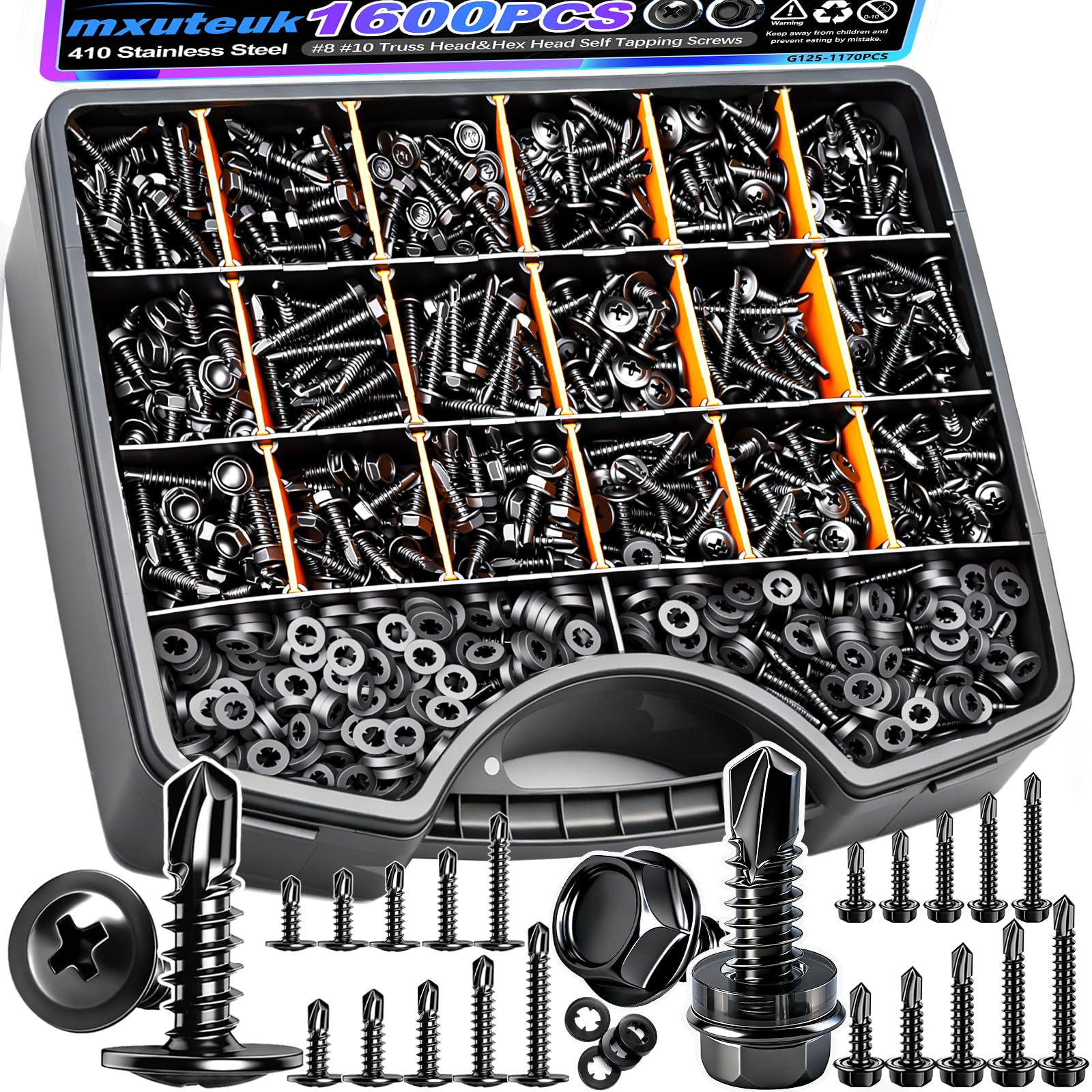 mxuteuk 1170 viti autofilettanti per metallo, viti autofilettanti in acciaio inossidabile 410, viti autofilettanti a testa esagonale e testa esagonale da 1/2 "a 1-1/4", viti autofilettanti per