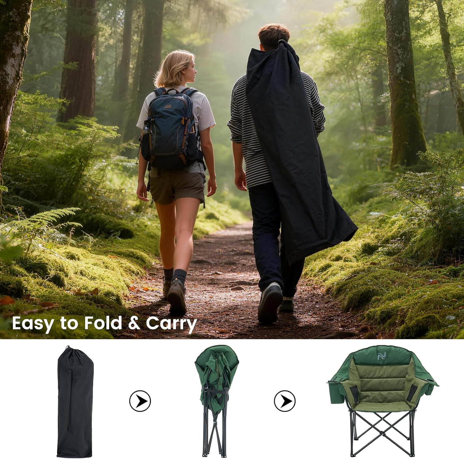 ABORON Oversized Camping Chair, Portable Folding Chair with Cooler Bag & Cup Holder, Heavy Duty Lawn Chair for Camping, Patio, Backyard, Supports 400 lbs