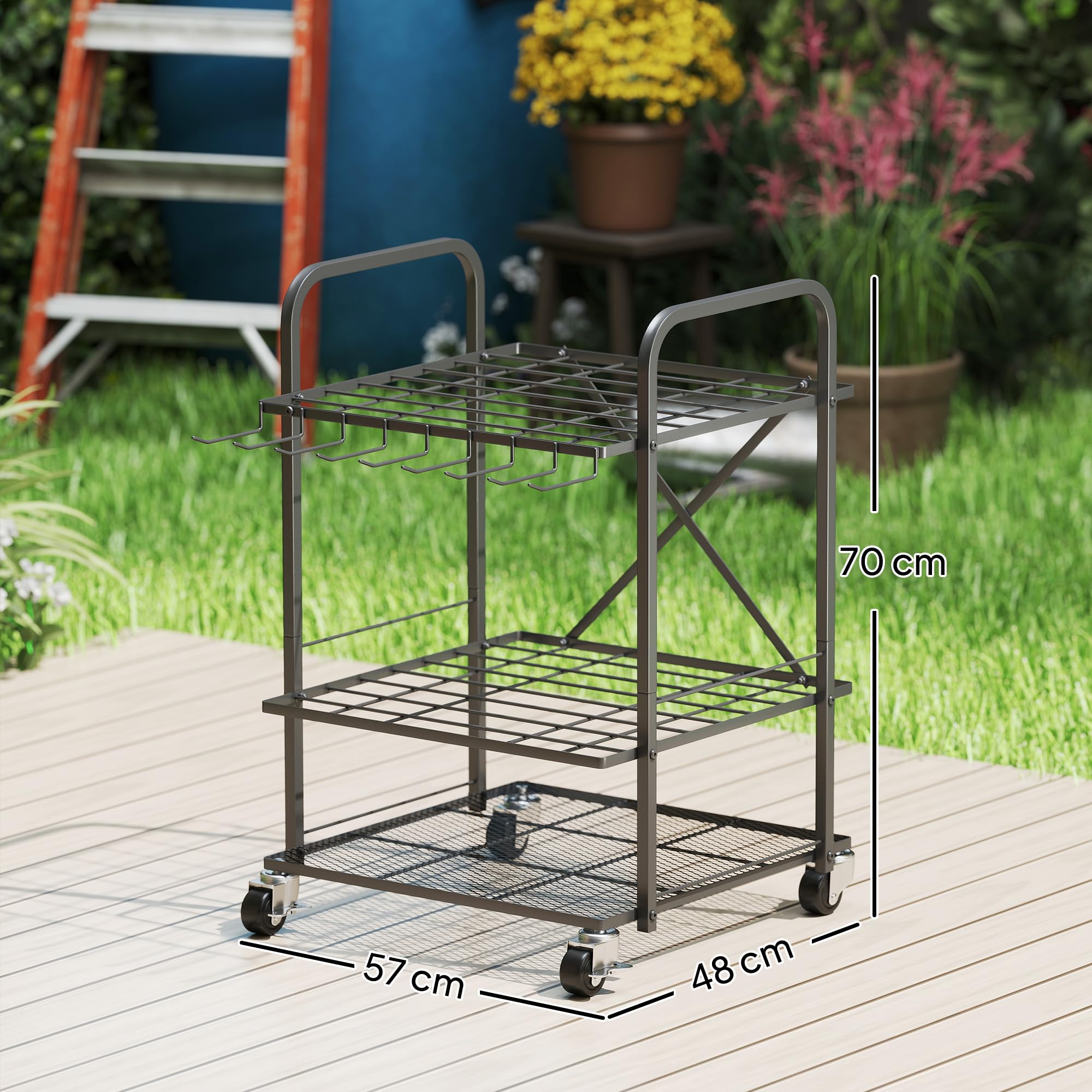 Outsunny Organisateur d'outils de Jardin avec 9 Crochets, Support à Outils de Jardin 40 Compartiments, Porte-Outils de Garage en métal sur roulettes pour sécateurs, pelles, râteaux, Noir