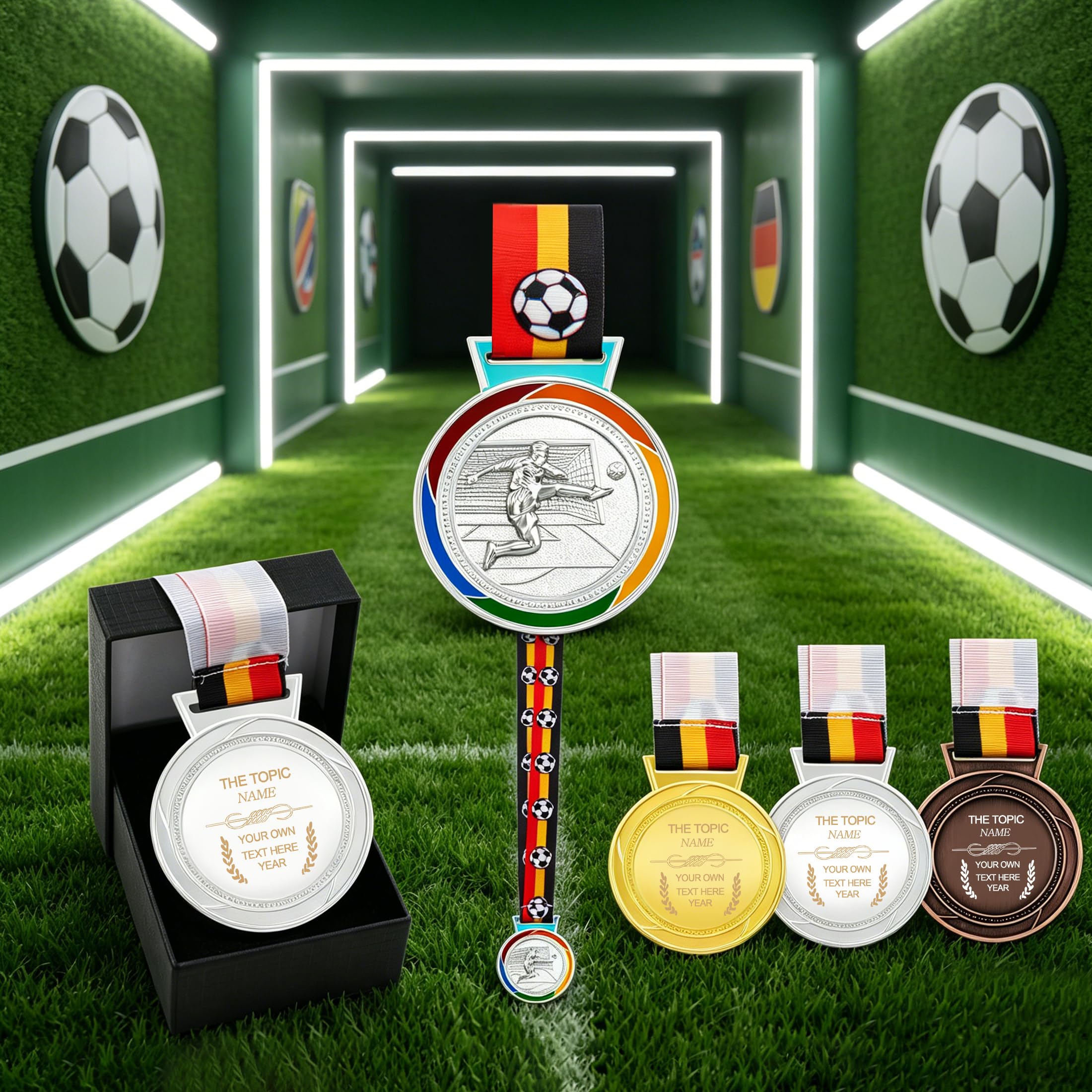 Uloveido Individuelle Fußballmedaille mit Deutschland Flaggenband, 3D Fußballspieler Design, Gravur oder QR-Code Rückseite, Schulsportturnier YA6969
