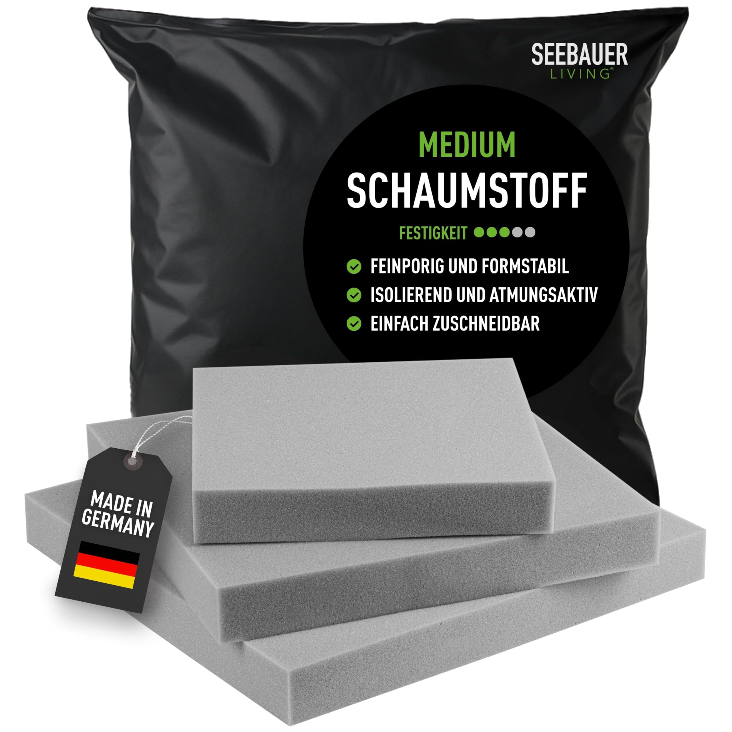 SEEBAUER Living Schaumstoff MEDIUM RG 35/40 (Mittelfest) 50 x 50 x 5 cm Schaumstoffplatte für Polster und Sitzkissen, Polsterschaumstoff als Zuschnitt für Sitzpolster