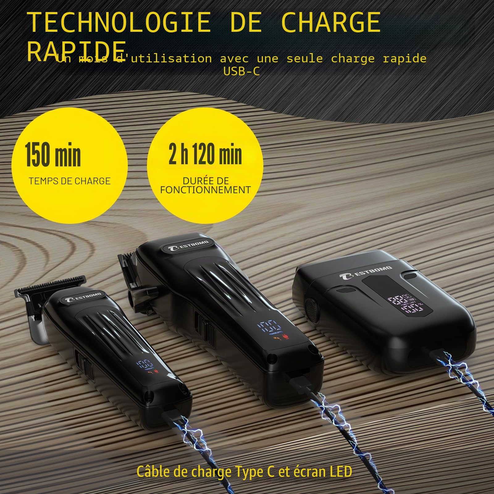 BESTBOMG® Tondeuse à cheveux professionnelle pour homme, tondeuse à barbe et rasoir rechargeable, lame en T en métal, écran LED, kit de coupe de cheveux pour homme et cadeaux, BS-808A (noir)