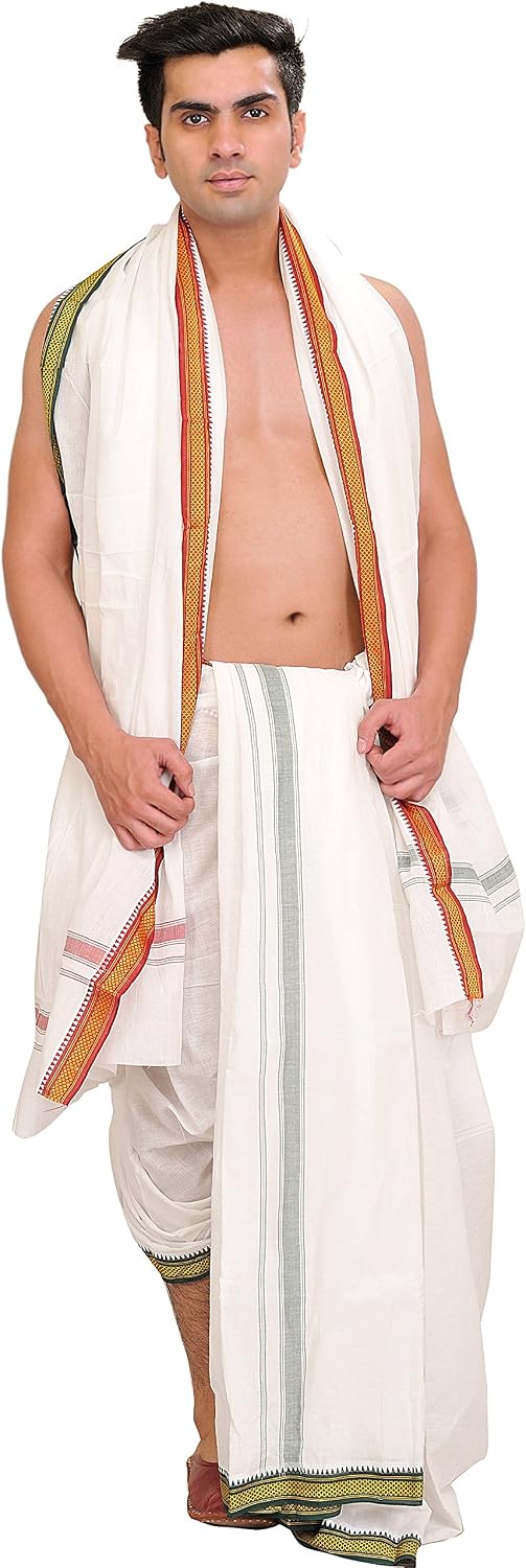 Exotic India Egret-White Dhoti and Angavastram Set with Zari Weave On Border – Comfy and Stylish Pure Cotton Ceremonial Attire