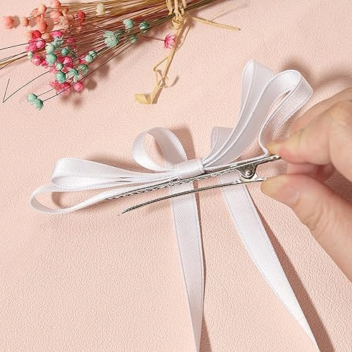 Miniatura 8 de LFOUVRE Lazo para el pelo blanco, 6 lazos para el pelo para mujer, lazo blanco con cola larga, cinta blanca con lazo, cintas para el pelo para