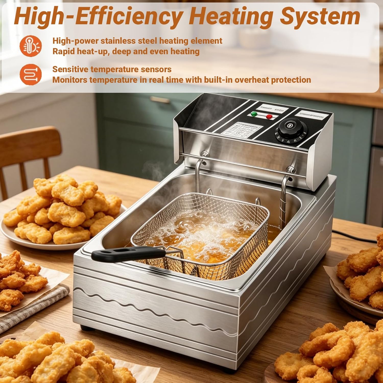 Stainless Steel Fryer with Basket, High Power, 10.5Qt, Oil Deep Fryer for Home & Commercial Countertop, High Power, 10.5Qt, Adjustable Temperature Control