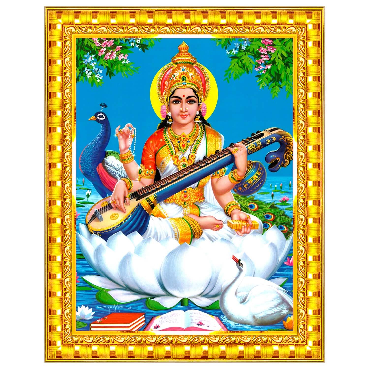 Pavan Photo Laminations Saraswati Devi Goddess Saraswathi Maa Wall Painting Framed Home Decor (Wood,Matte,Gold,Small Size,6 x 8 Inch) R721S-image-17
