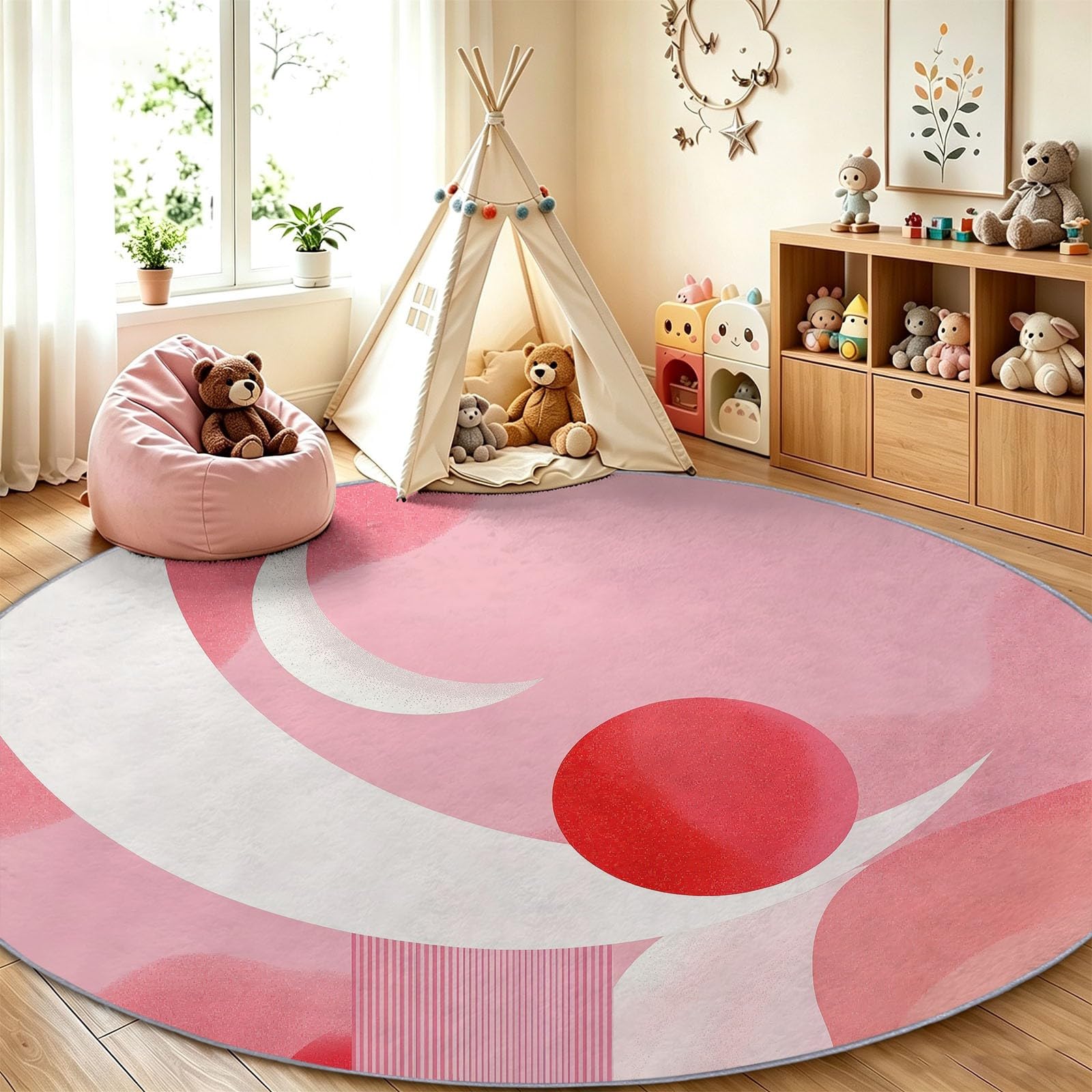 Tapis Salon Rond Rose 200 cm, Géométrique Minimaliste Lavable en Machine et Antidérapant Moquette, Extra Doux Tapis Lune Soleil Rouge Demi-Cercles pour Chambre à Coucher, Salle à Manger, Salle de jeux
