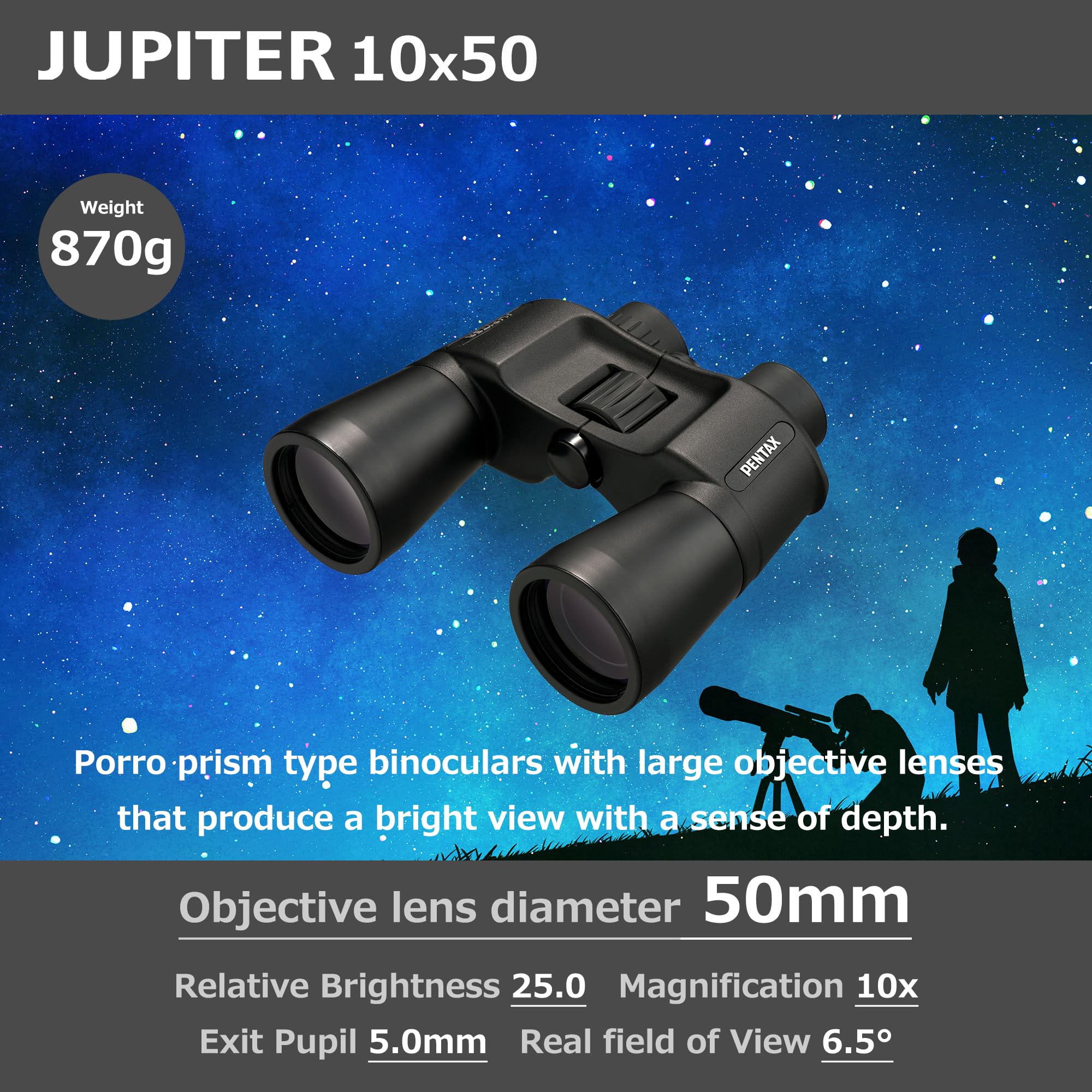 Pentax Jupiter 10x50 Noir Jumelles d’Observation Prisme de Porro Grande Ouverture | Provenance France. Emballage securisé. Livré avec Facture dont TVA.
