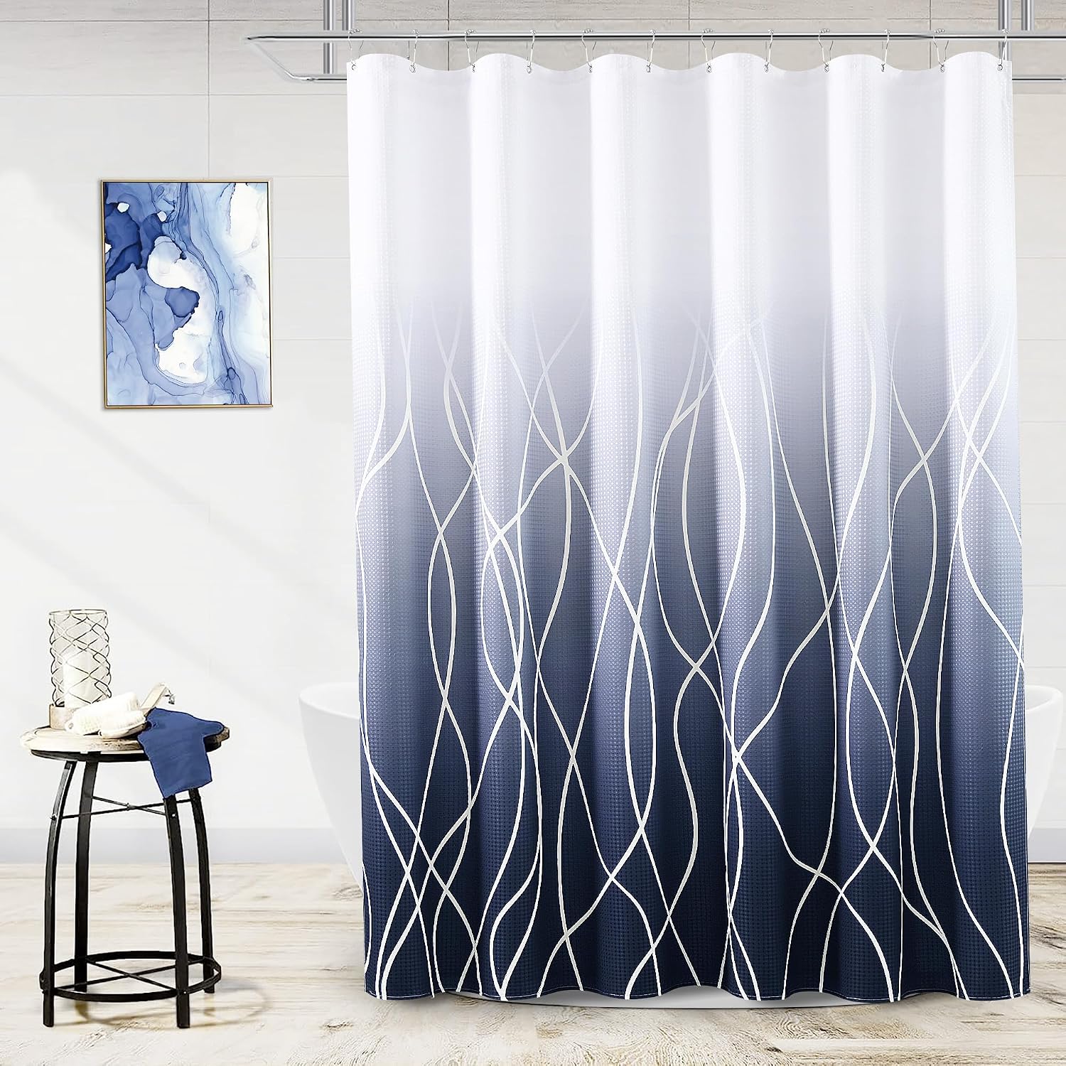 78 inch Long Shower Curtains Navy Blue Shower Curtain with Liner Modern Waffle Curtains for Bathroom Ombre Blue and White Curtain Set with Snap-in Fabric Liner 72x78