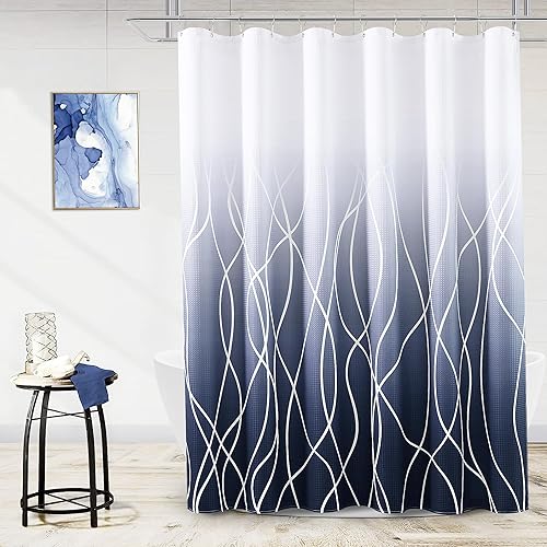 Miniatura 2 de Naturoom Juego de cortina de ducha y forro de tela de gofre ombré, juego de cortina de ducha y forro azul oscuro y blanco con ganchos, tela pesada