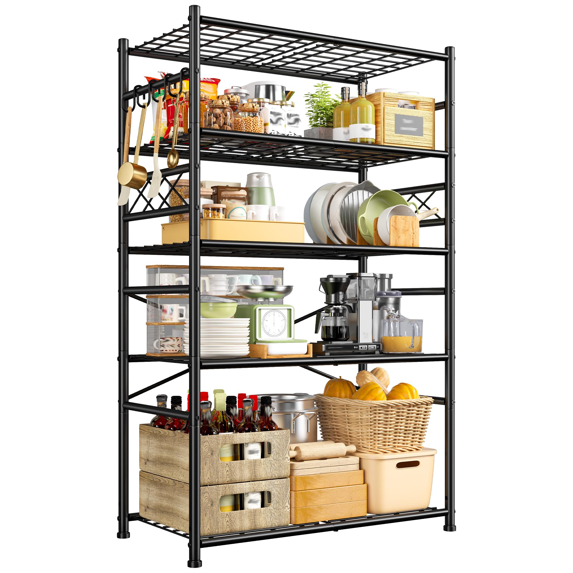DurayLoly Heavy Duty 5-Tier 1000LBS Metal Shelving with 4 Side Hooks, Black