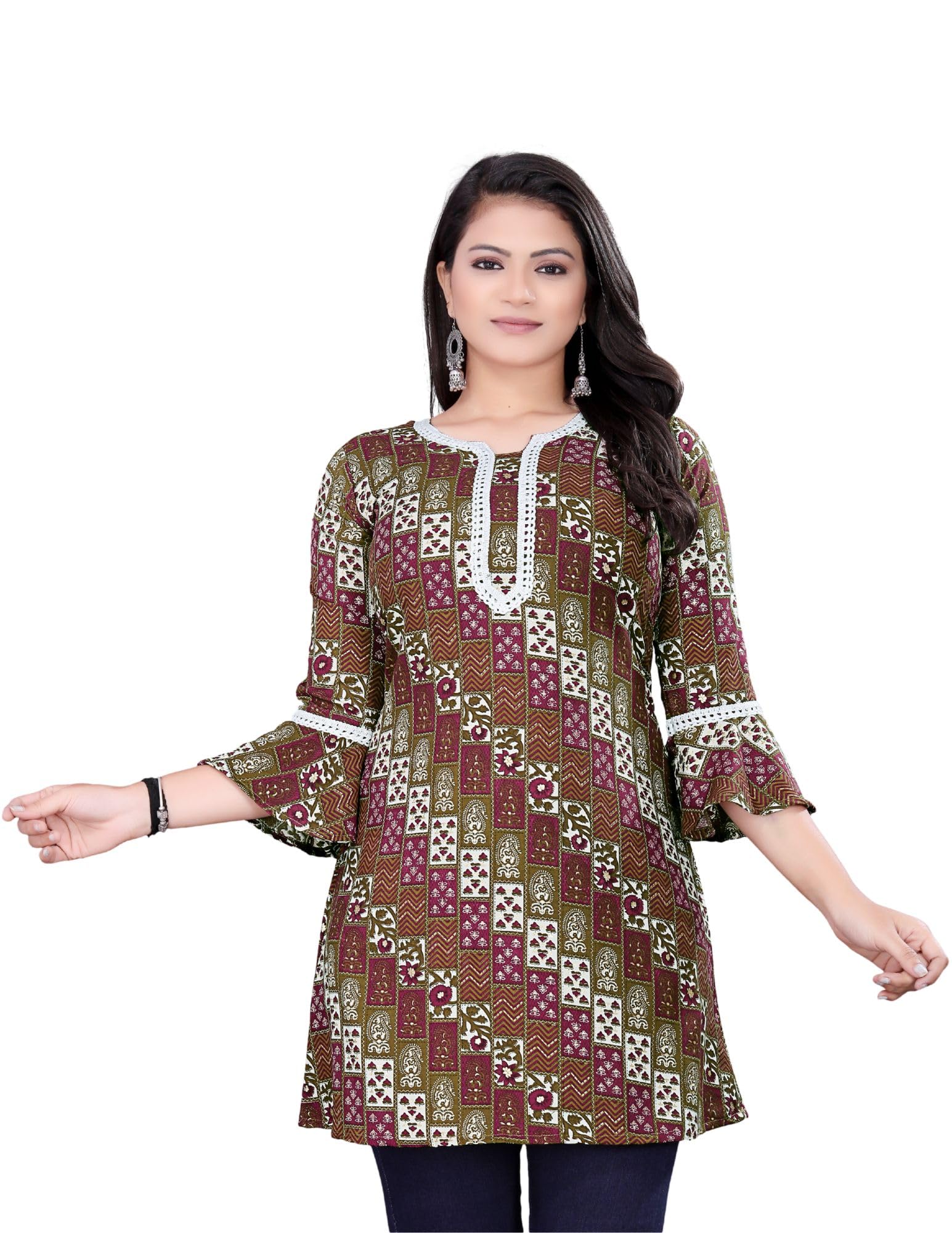 shree aksharam trends Aksharam Trends Presents Printed Rayon Fabric Tunic with Lace Boarder Pattern (AK-1330 R Tunic Lace Boarder Red XL)-picture-15