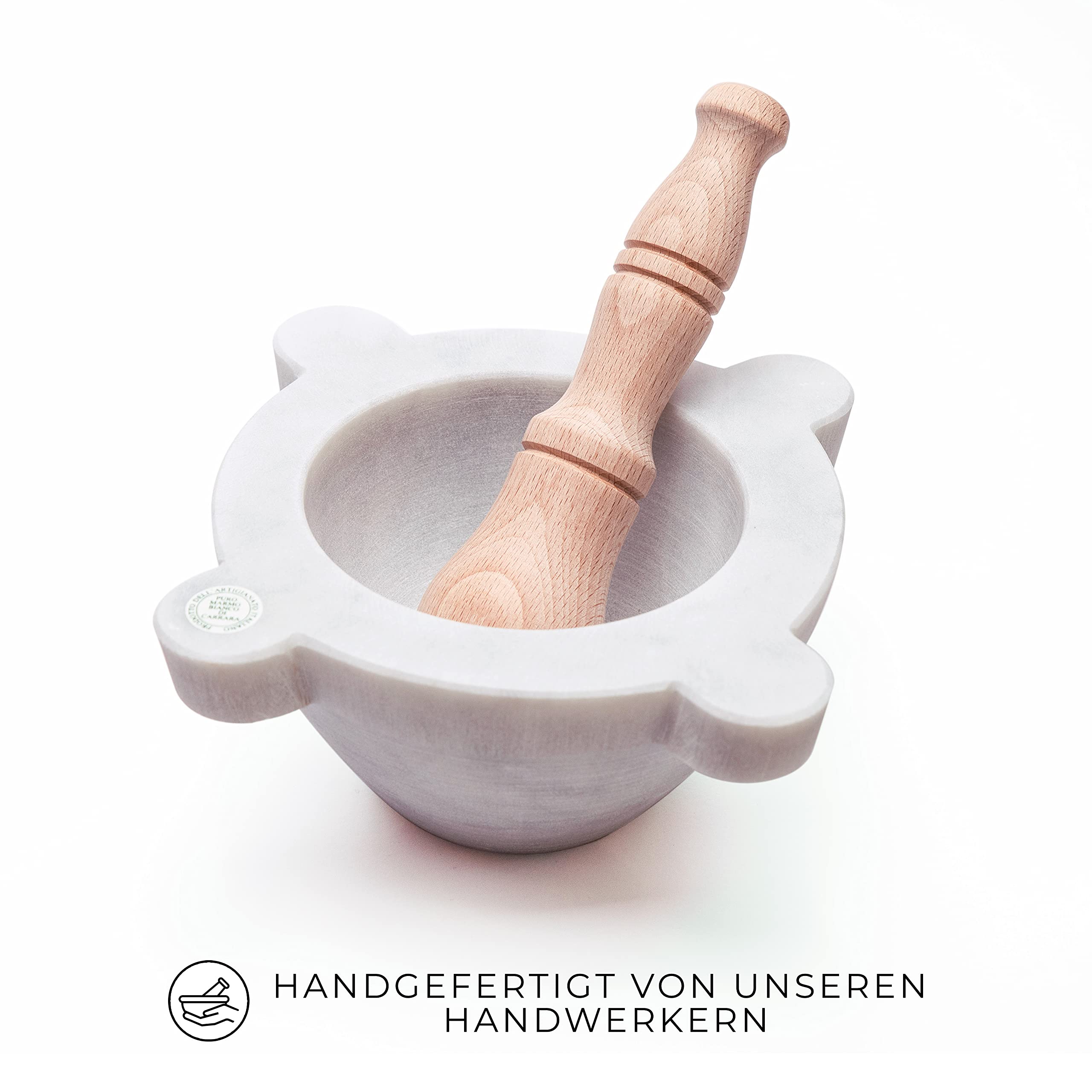 Mörser Aus Marmor Weiss Carrara Marmor Mit Stössel Bembo – Mörser Für Pesto Und Gewürze – Made in Italy - Modell Aus Genua (cm 20)