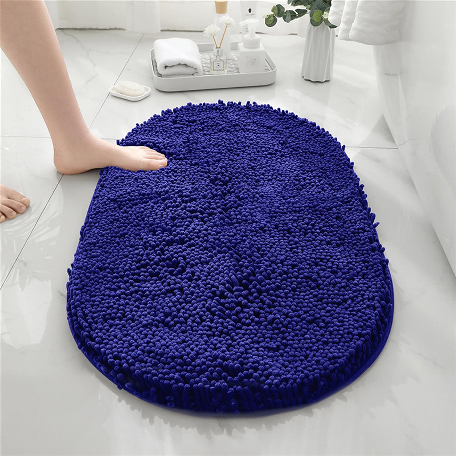 Tapis de salle de bain ovale en chenille antidérapant et lavable pour sol et baignoire Bleu roi 4 x 8 m