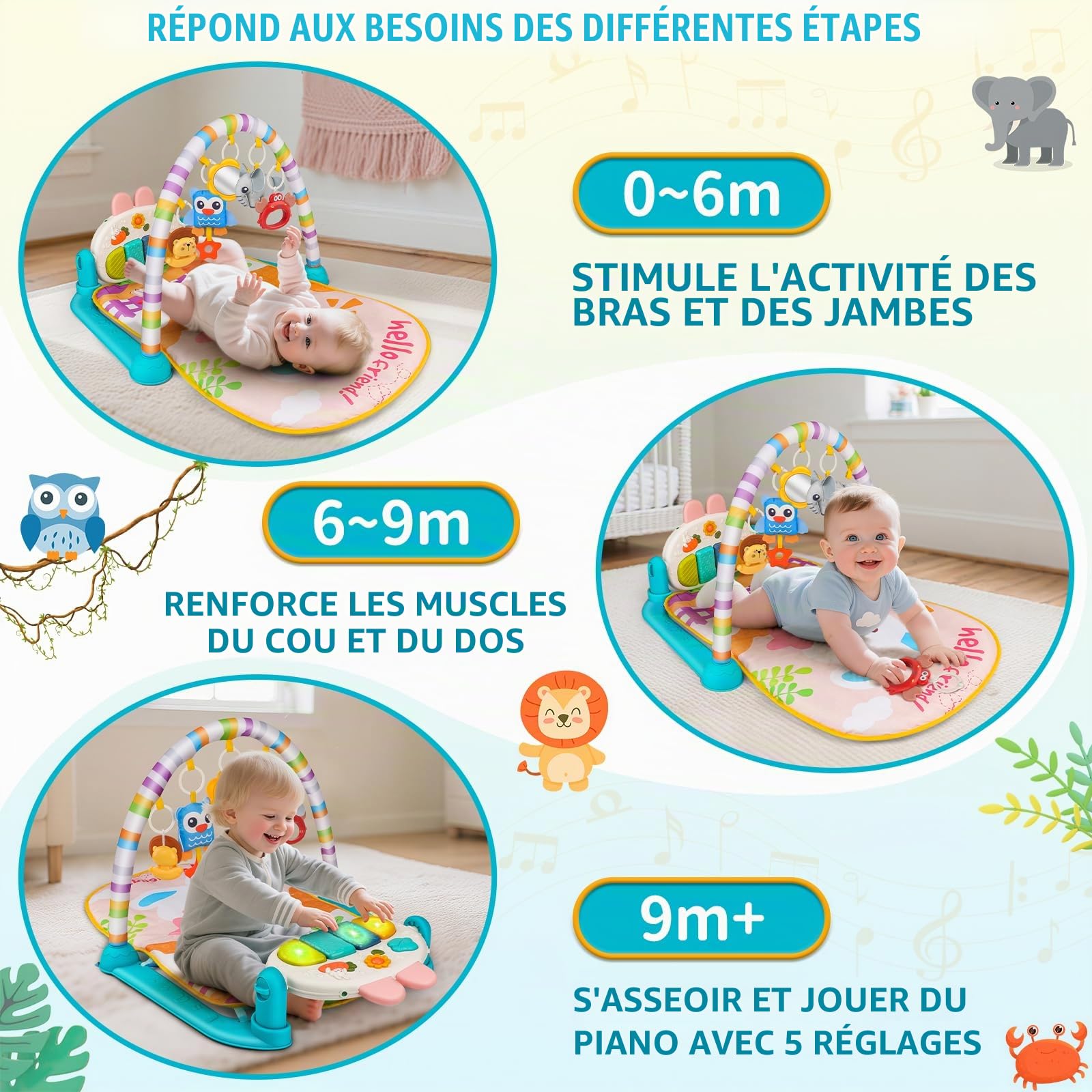 nicknack Tapis d'Éveil Bébé avec Piano Musical, Musique, Sons et Lumières | d'Arches et Jouets Sensoriels Amovibles, Tapis d'éveil et de jeux pour bébé, de jeu pour 0-3-6-12 Mois - Cadeau de Naissance