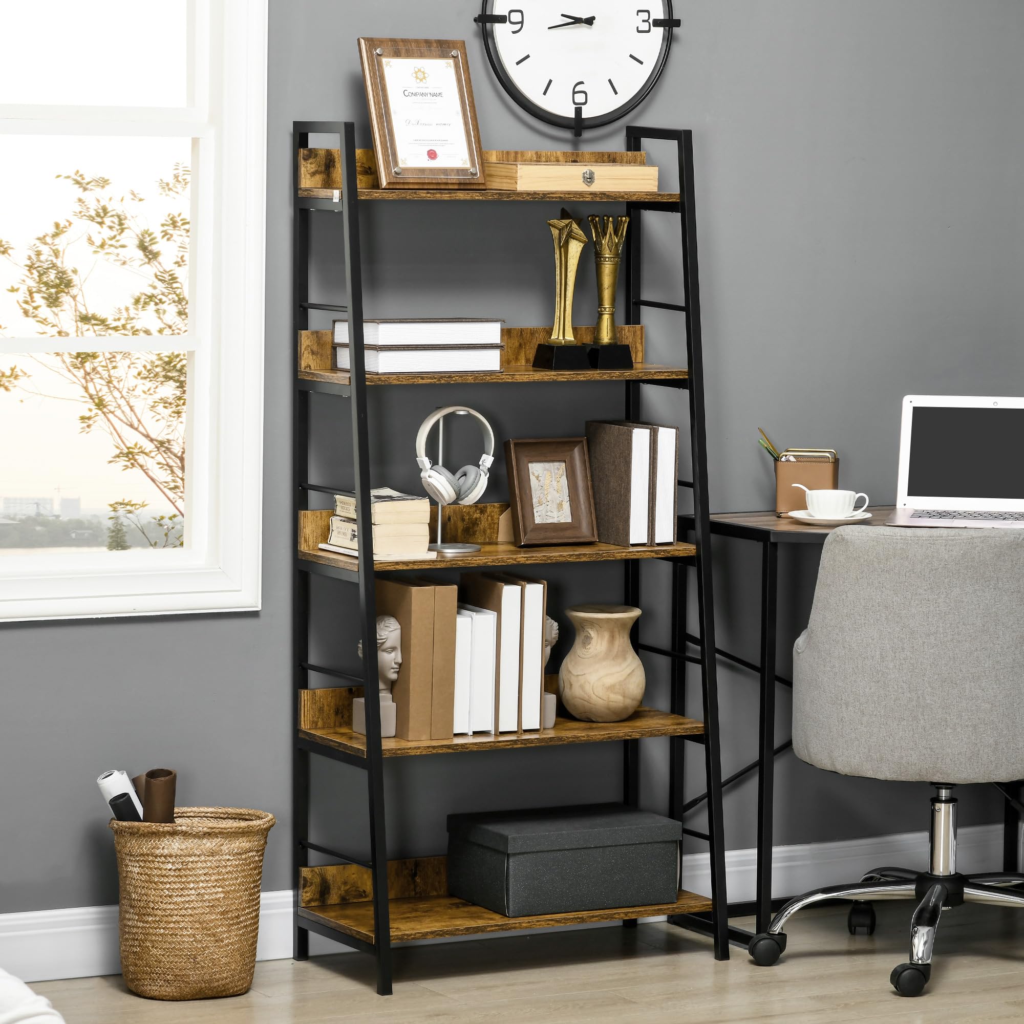 HOMCOM Étagère bibliothèque Style Industriel incliné 5 Niveaux 70L x 35l x 150H cm