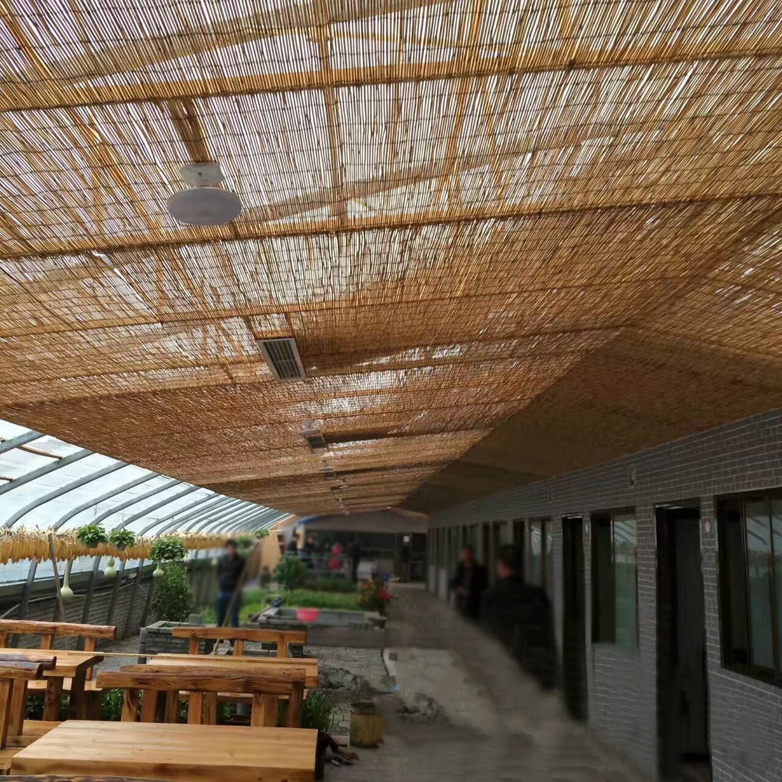 Rolety bambusowe - zewnętrzne rolety trzcinowe, rolety rzymskie, zasłona zaciemniająca z blokiem UV 70% na balkon, pergolę, odporna na warunki atmosferyczne, z haczykami i bocznym pociągnięciem (110 x