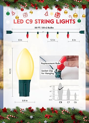 Miniatura 5 de Luces LED vintage C9 de Navidad para exteriores, 50 pies de cadena de luces C9 con 50 bombillas mate inastillables, luces impermeables conectables